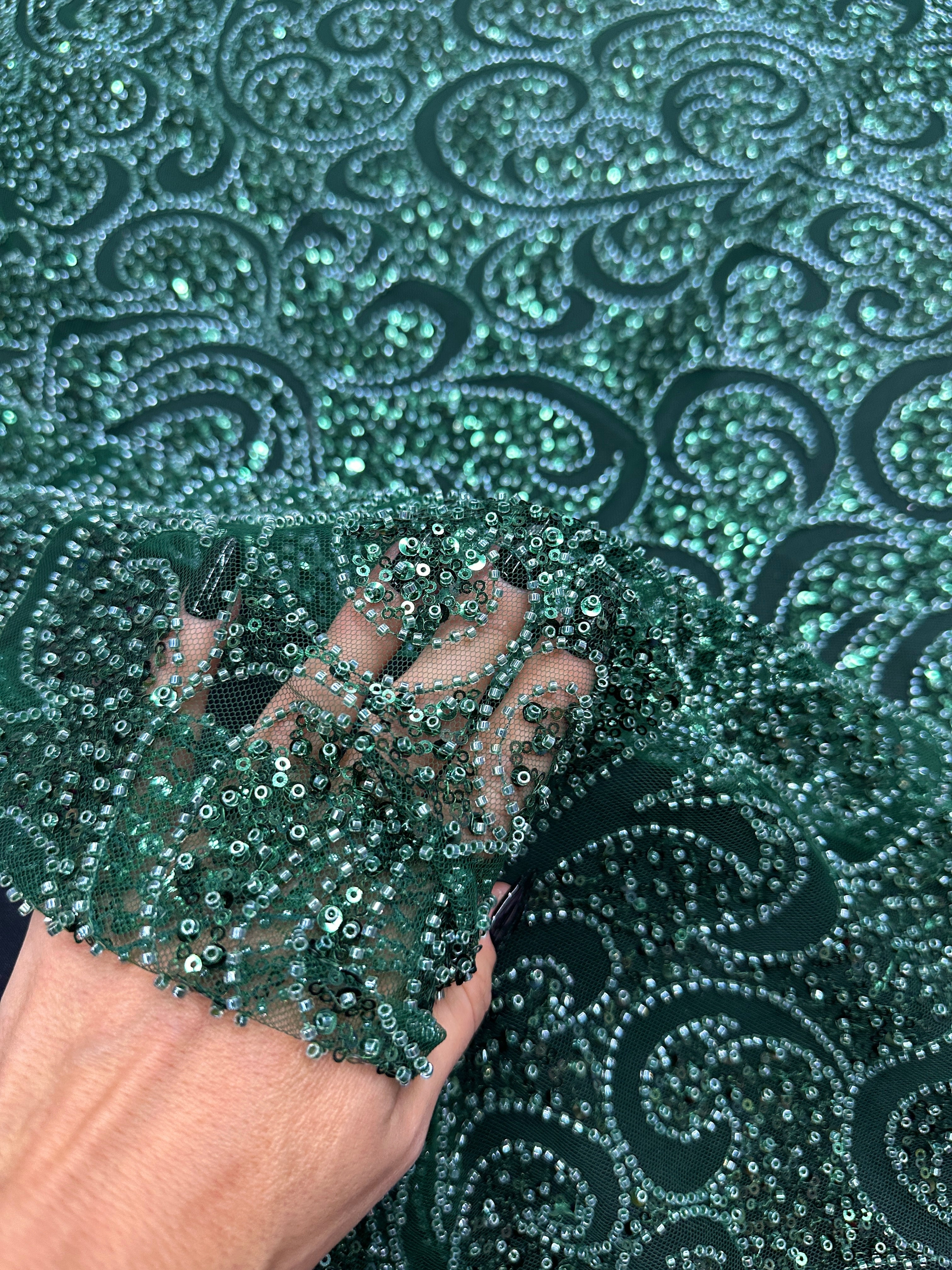 Emerald Green Sequin Beaded Scroll Lace on Mesh, Brocade for woman, shiny fabric for bride, Metallic Brocade, Brocade in low price, Shimmery fabric for party wear, Brocade for gown