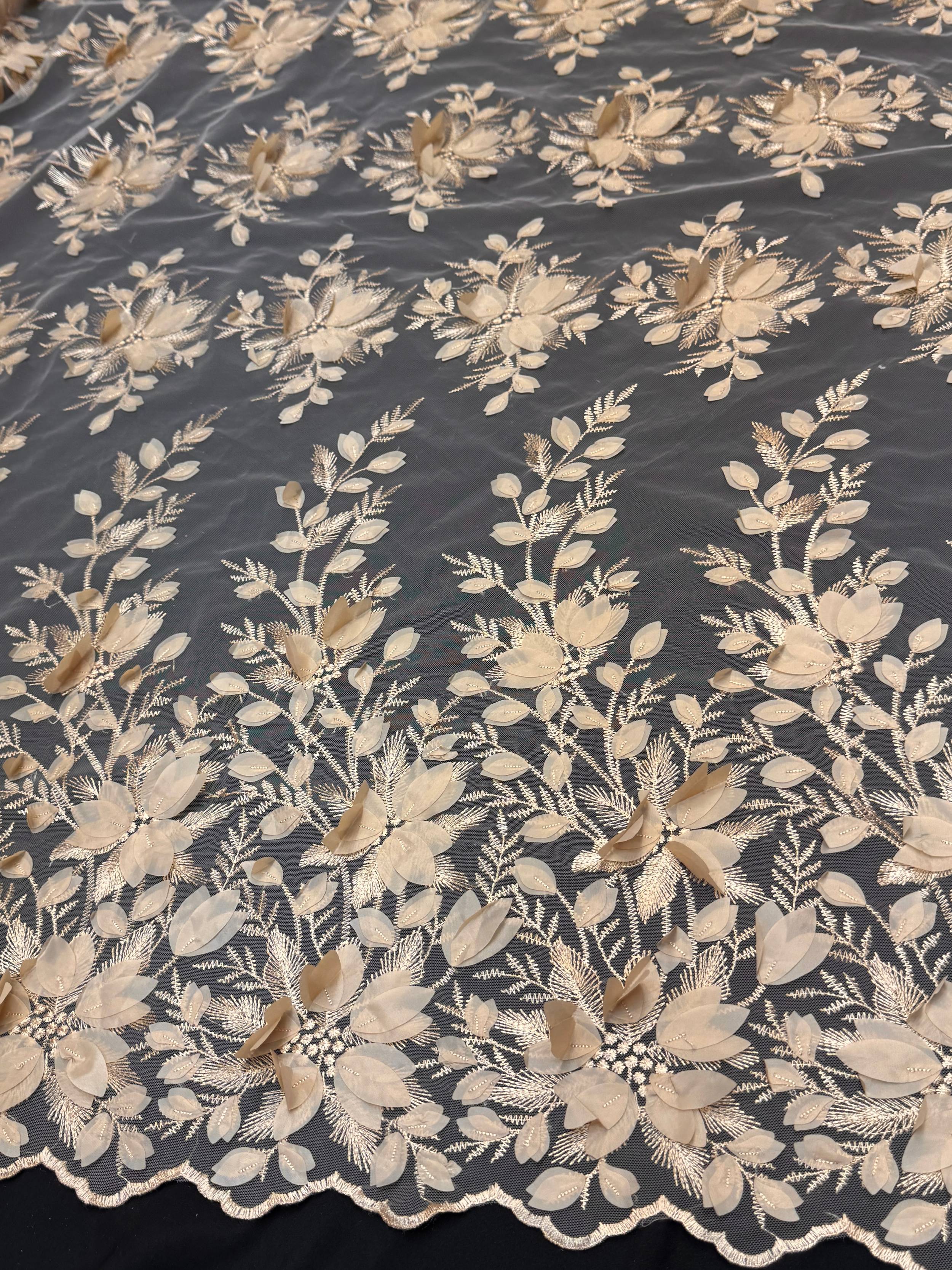 Sand Champagne Petals 3D Couture Embroidered Lace, 3d Floral Lace, Embroidered Lace Fabric, 3d Lace Fabric, Floral Applique Lace, Couture Lace Fabric