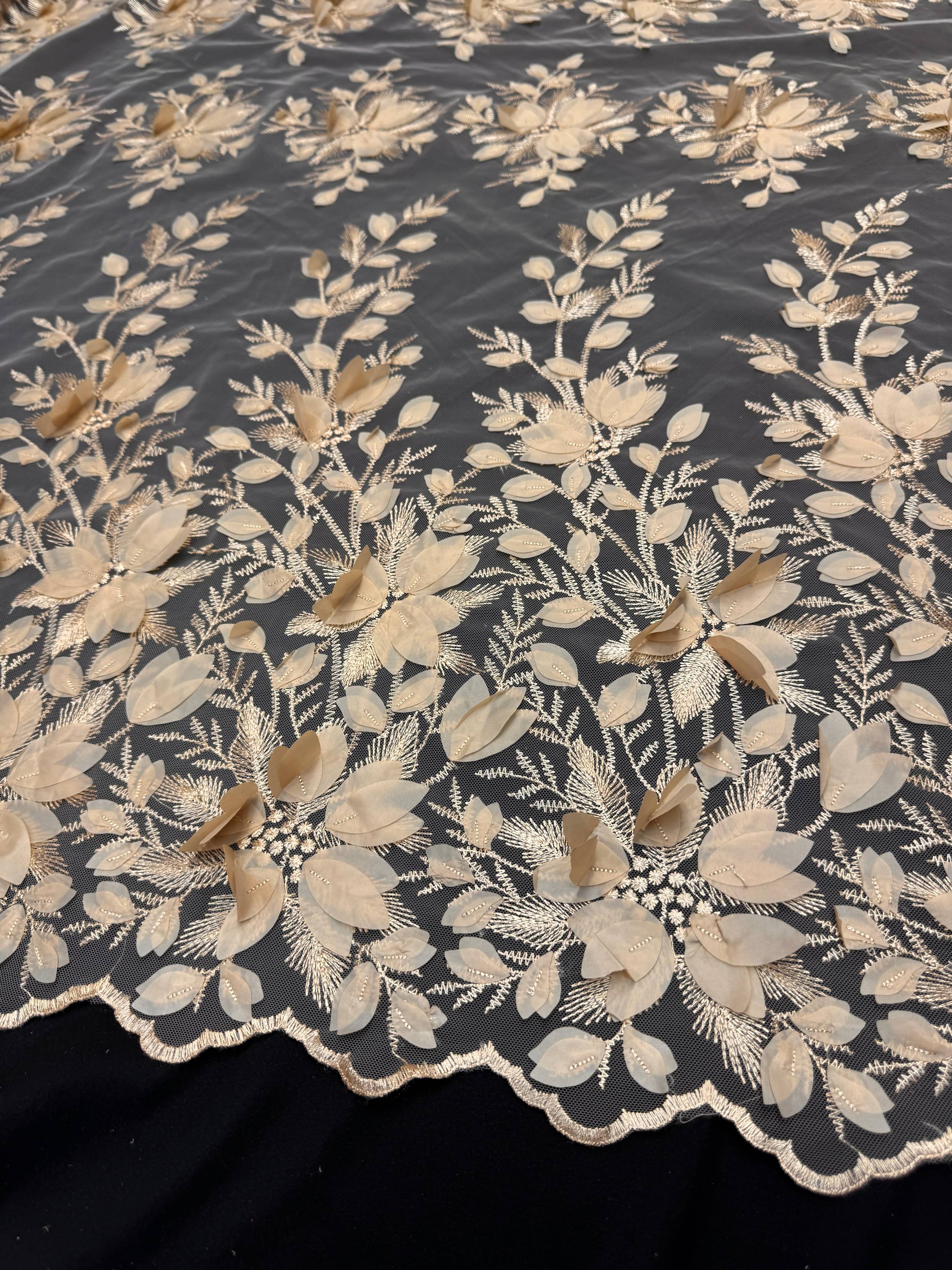 Sand Champagne Petals 3D Couture Embroidered Lace, 3d Floral Lace, Embroidered Lace Fabric, 3d Lace Fabric, Floral Applique Lace, Couture Lace Fabric