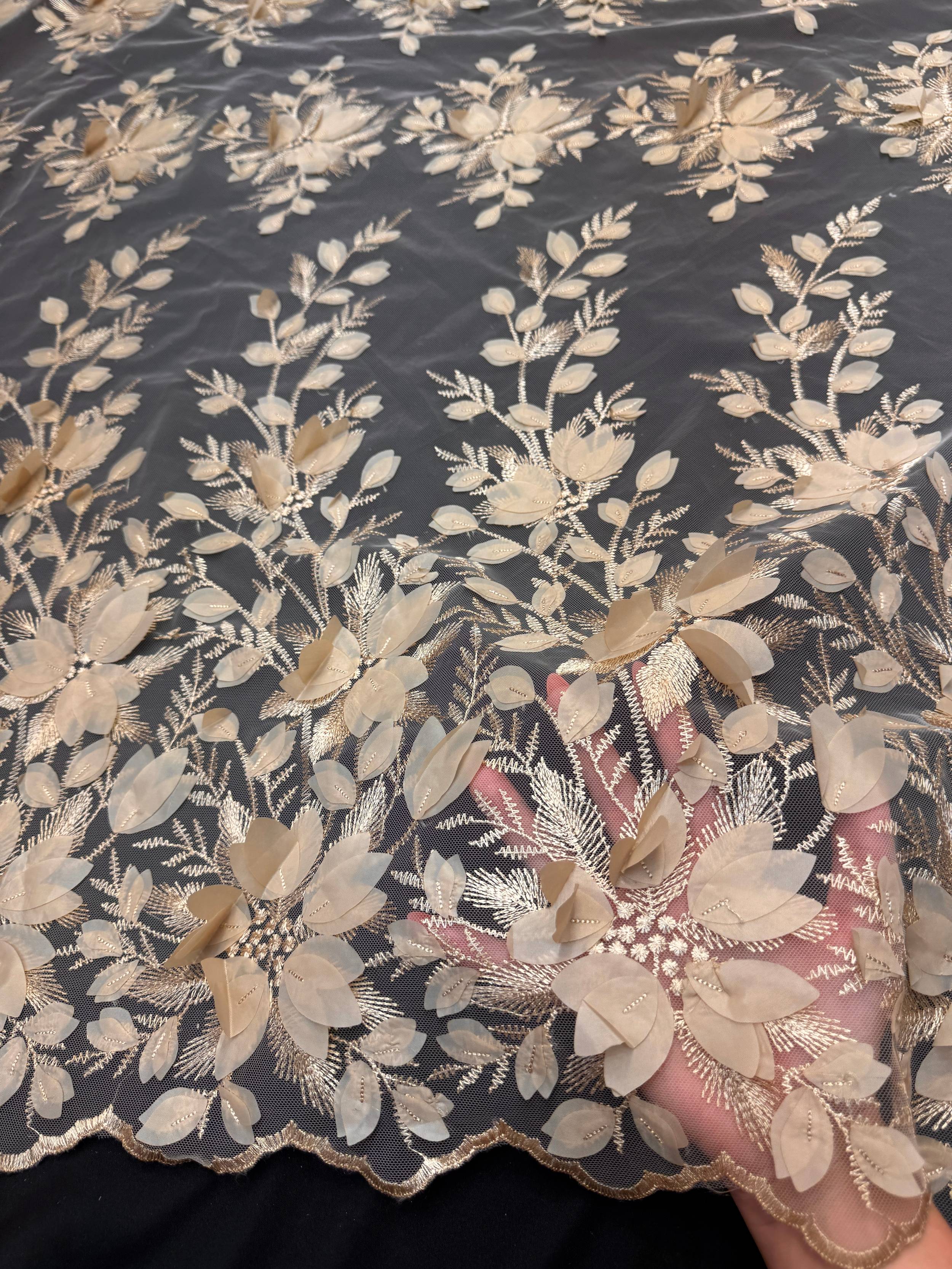 Sand Champagne Petals 3D Couture Embroidered Lace, Kiki Sewing Store, Kiki Luxury Fabric, Cheap Fabric Store, Kiki Textiles, Kiki Textile by the Yard, Kiki Textile USA