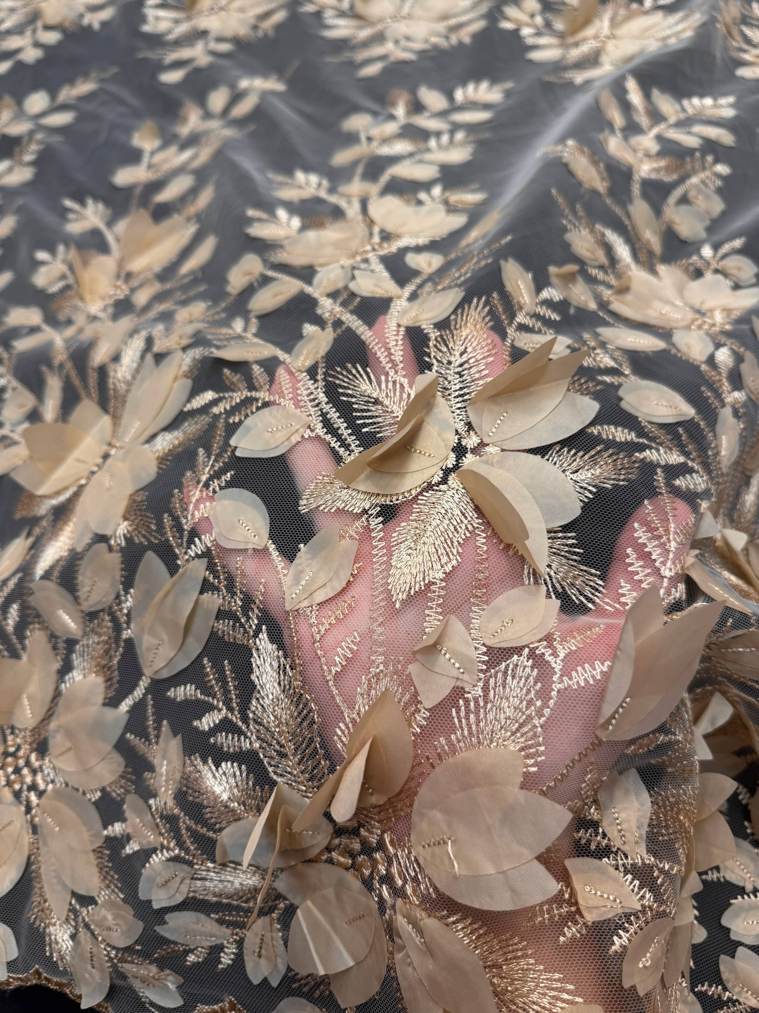 Sand Champagne Petals 3D Couture Embroidered Lace, Kiki Sewing Store, Kiki Luxury Fabric, Cheap Fabric Store, Kiki Textiles, Kiki Textile by the Yard, Kiki Textile USA