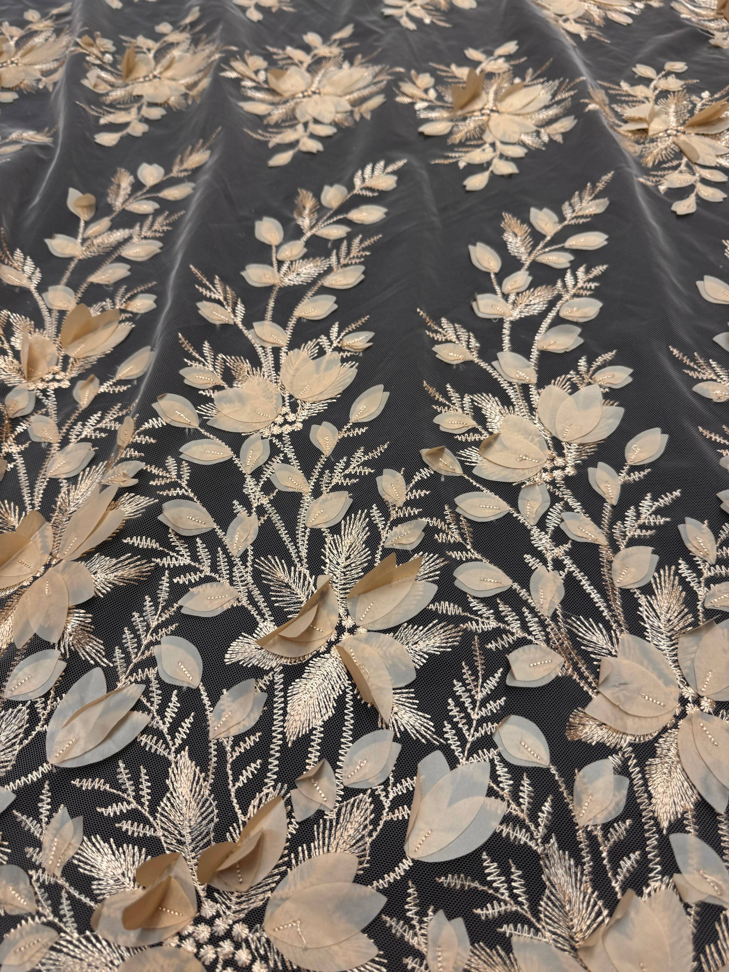 Sand Champagne Petals 3D Couture Embroidered Lace, 3d Floral Lace, Embroidered Lace Fabric, 3d Lace Fabric, Floral Applique Lace, Couture Lace Fabric