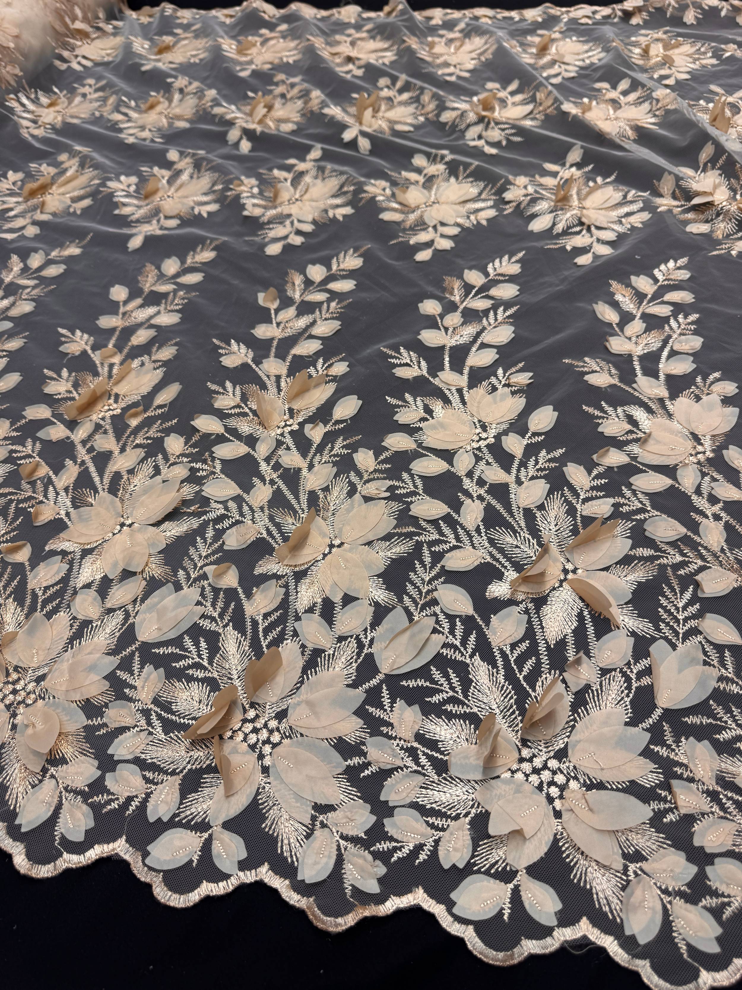 Sand Champagne Petals 3D Couture Embroidered Lace, Kiki Sewing Store, Kiki Luxury Fabric, Cheap Fabric Store, Kiki Textiles, Kiki Textile by the Yard, Kiki Textile USA