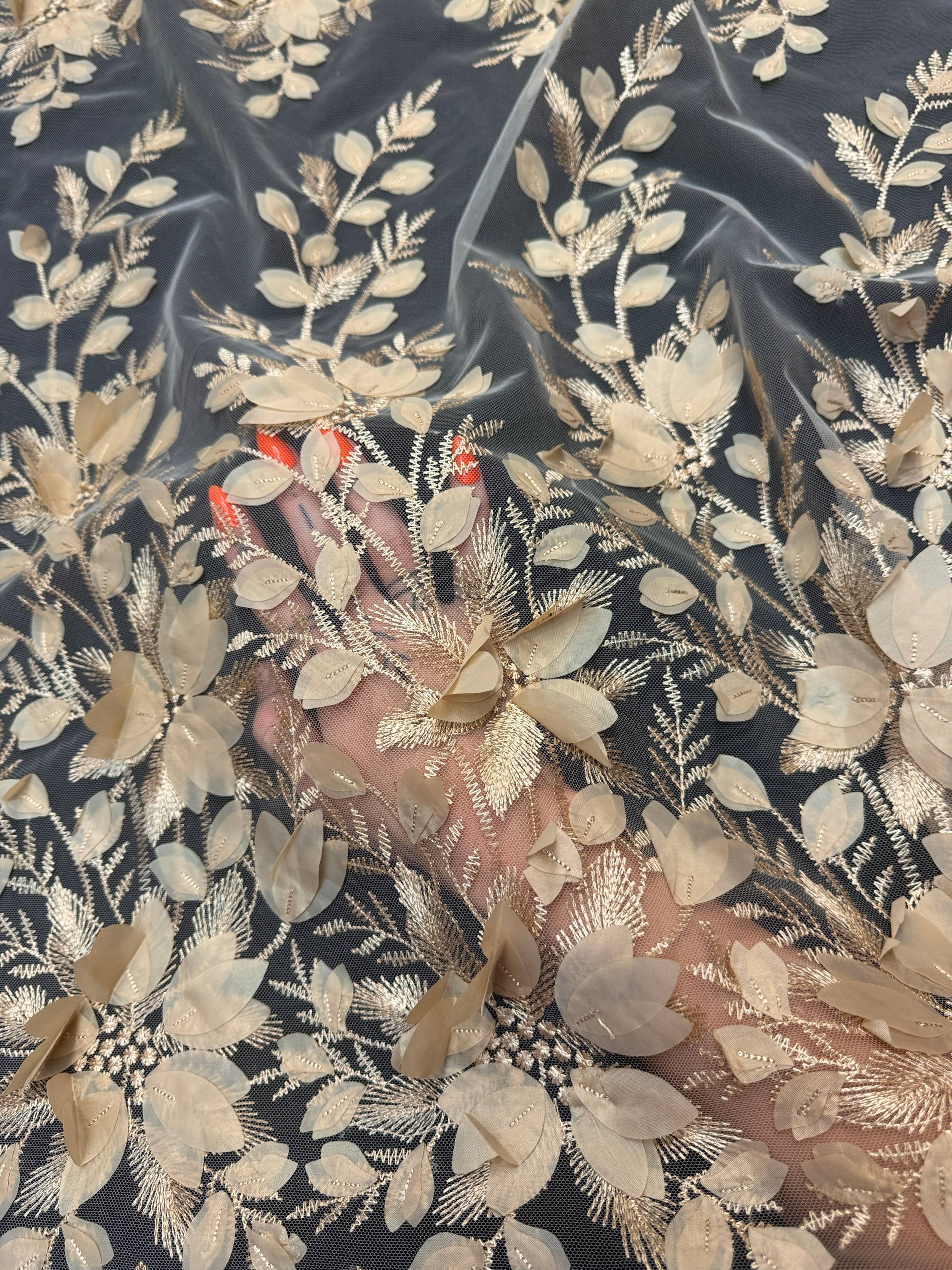 Sand Champagne Petals 3D Couture Embroidered Lace, Kiki Sewing Store, Kiki Luxury Fabric, Cheap Fabric Store, Kiki Textiles, Kiki Textile by the Yard, Kiki Textile USA