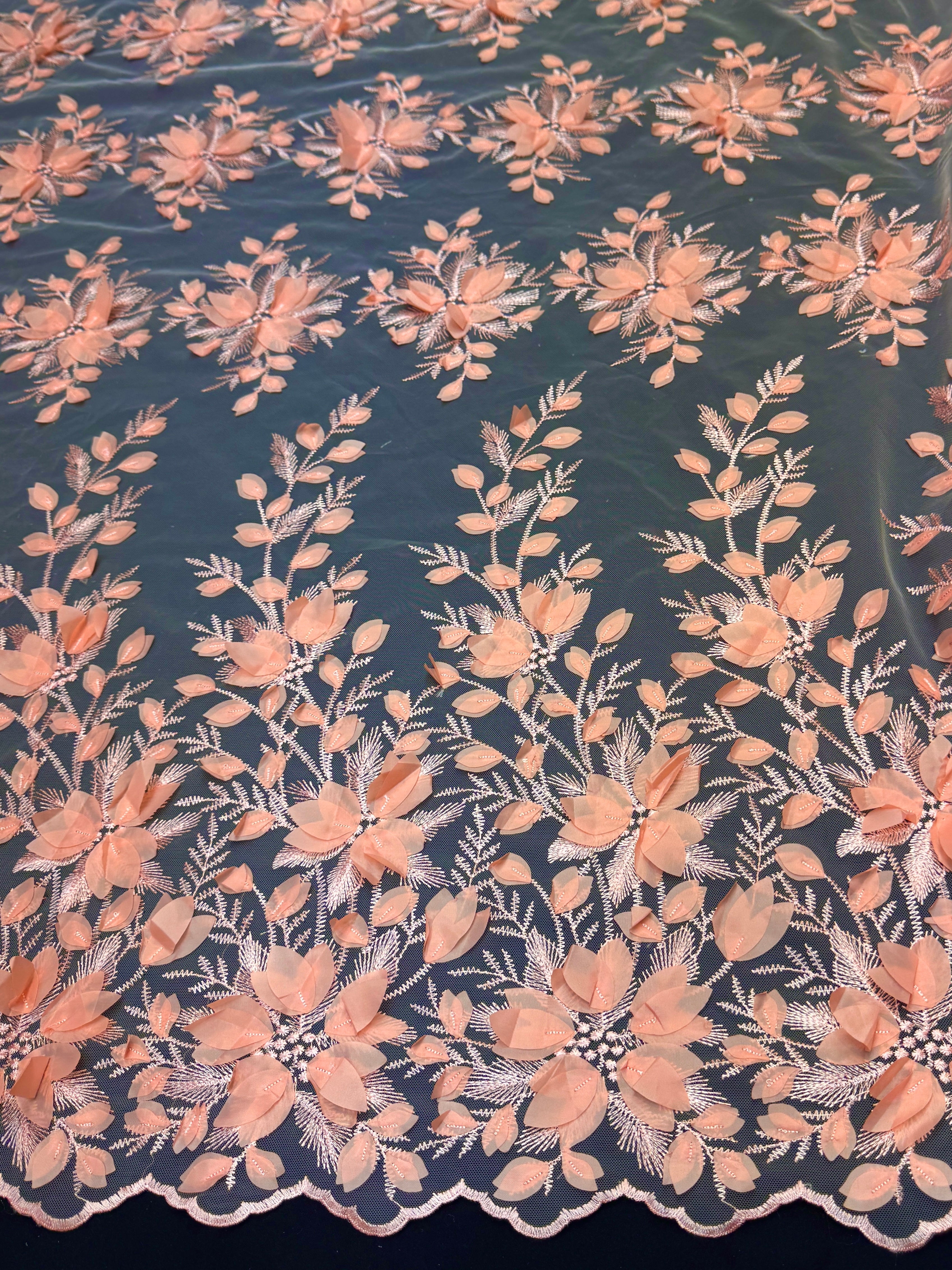 Coral Peach Petals 3D Couture Embroidered Lace, Kiki Sewing Store, Kiki Luxury Fabric, Cheap Fabric Store, Kiki Textiles, Kiki Textile by the Yard, Kiki Textile USA