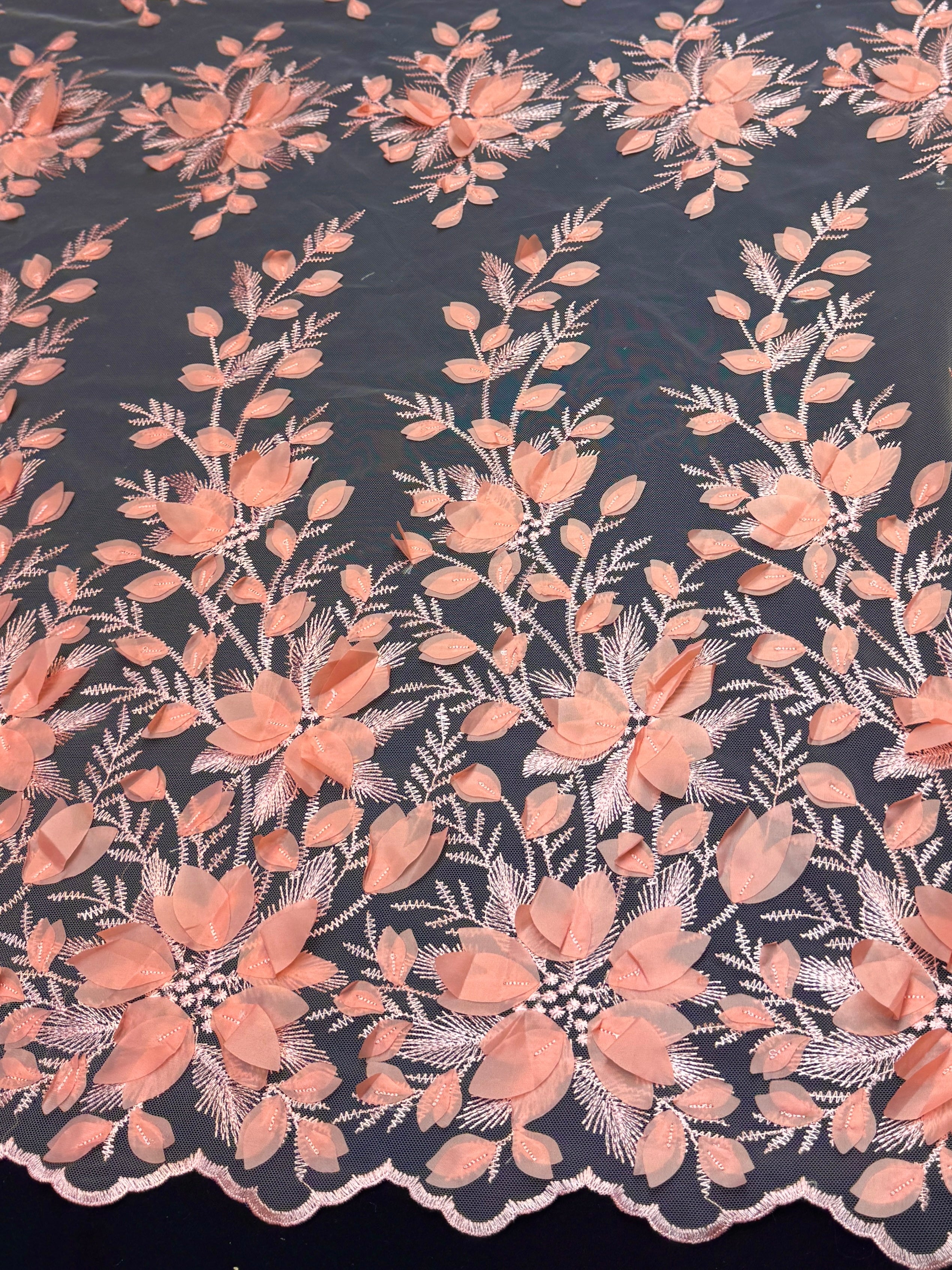 Coral Peach Petals 3D Couture Embroidered Lace, Kiki Sewing Store, Kiki Luxury Fabric, Cheap Fabric Store, Kiki Textiles, Kiki Textile by the Yard, Kiki Textile USA