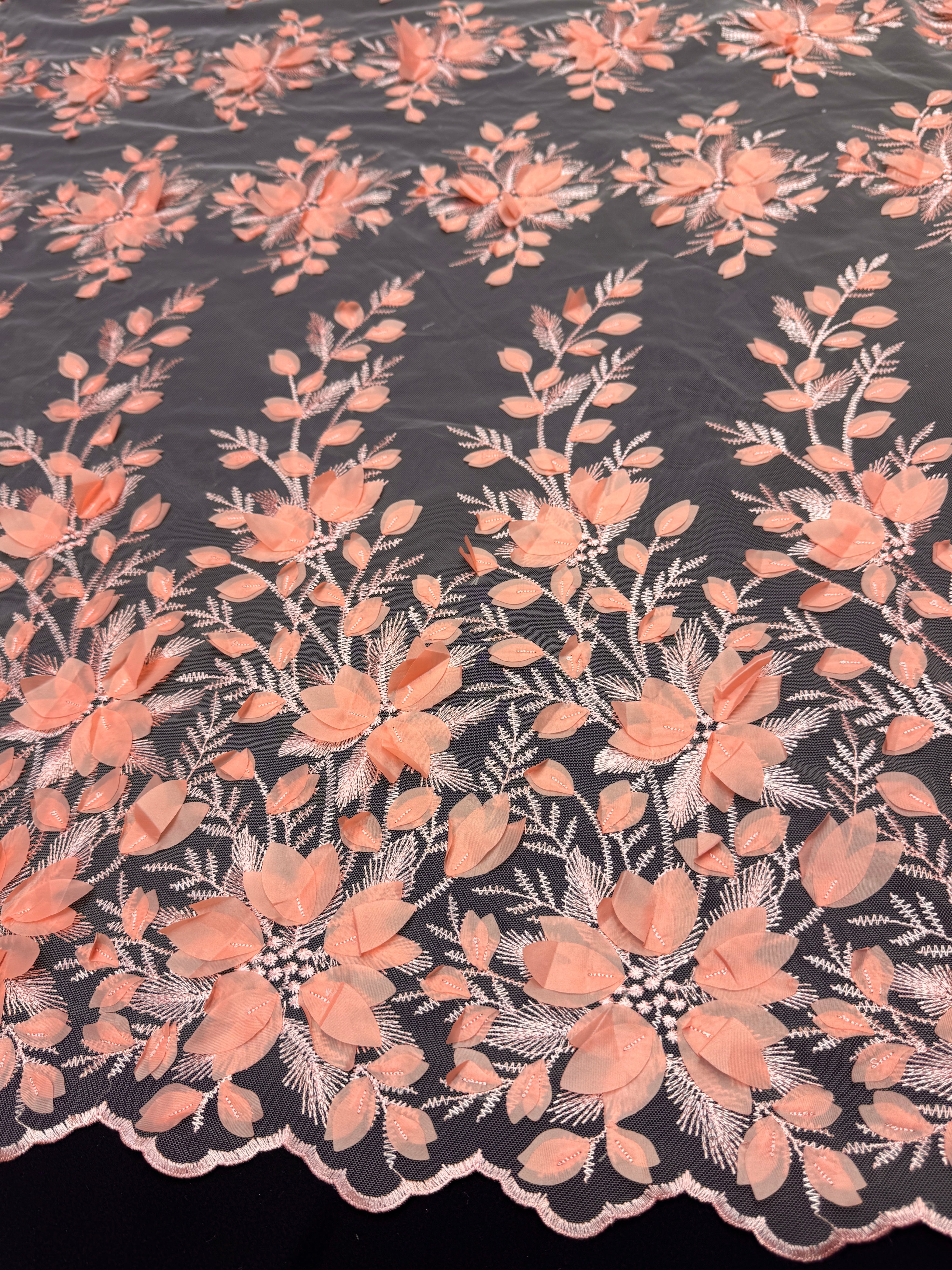 Coral Peach Petals 3D Couture Embroidered Lace, 3d Floral Lace, Embroidered Lace Fabric, 3d Lace Fabric, Floral Applique Lace, Couture Lace Fabric