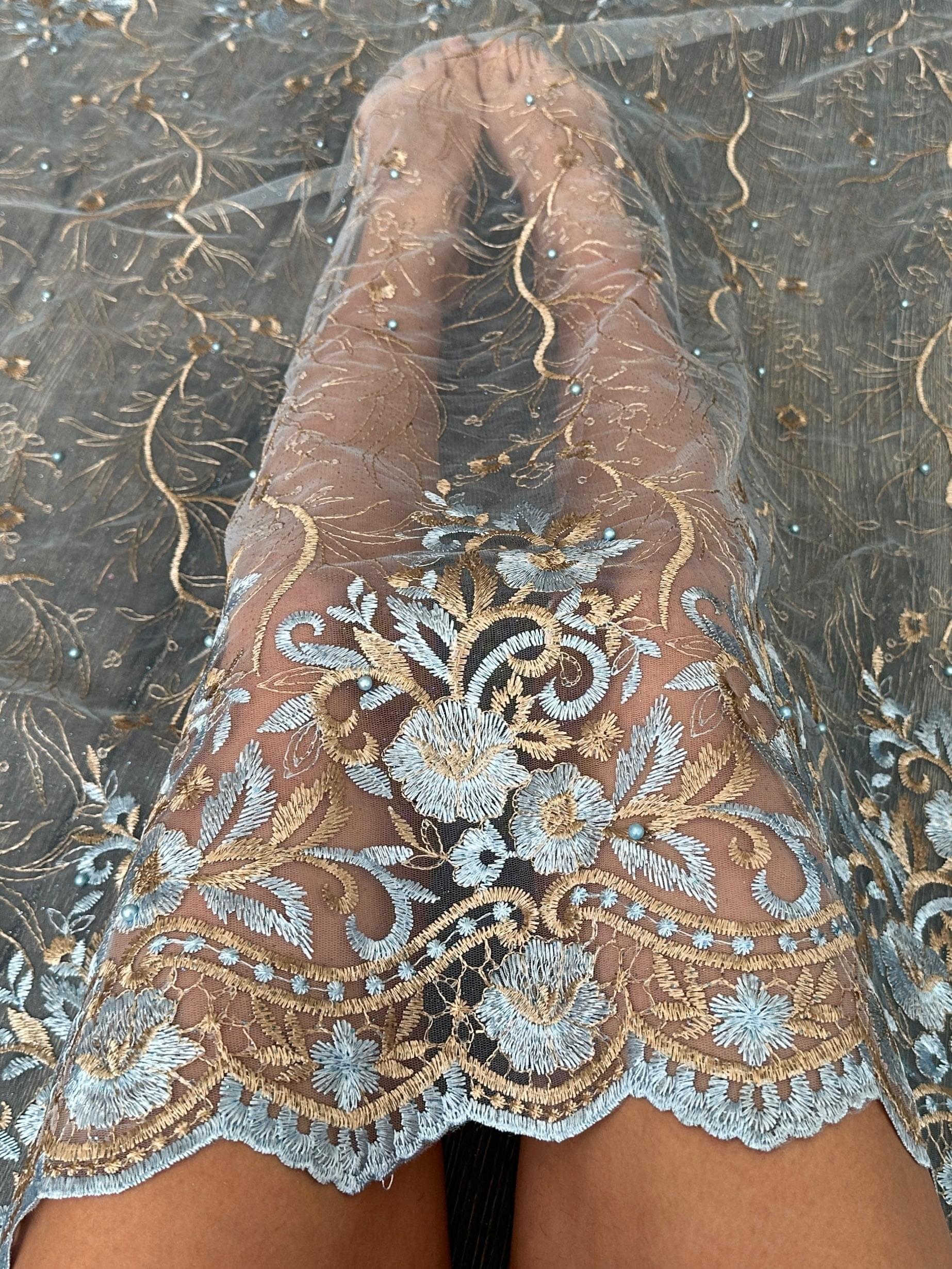 Baby Blue/Gold Embroidered Lace