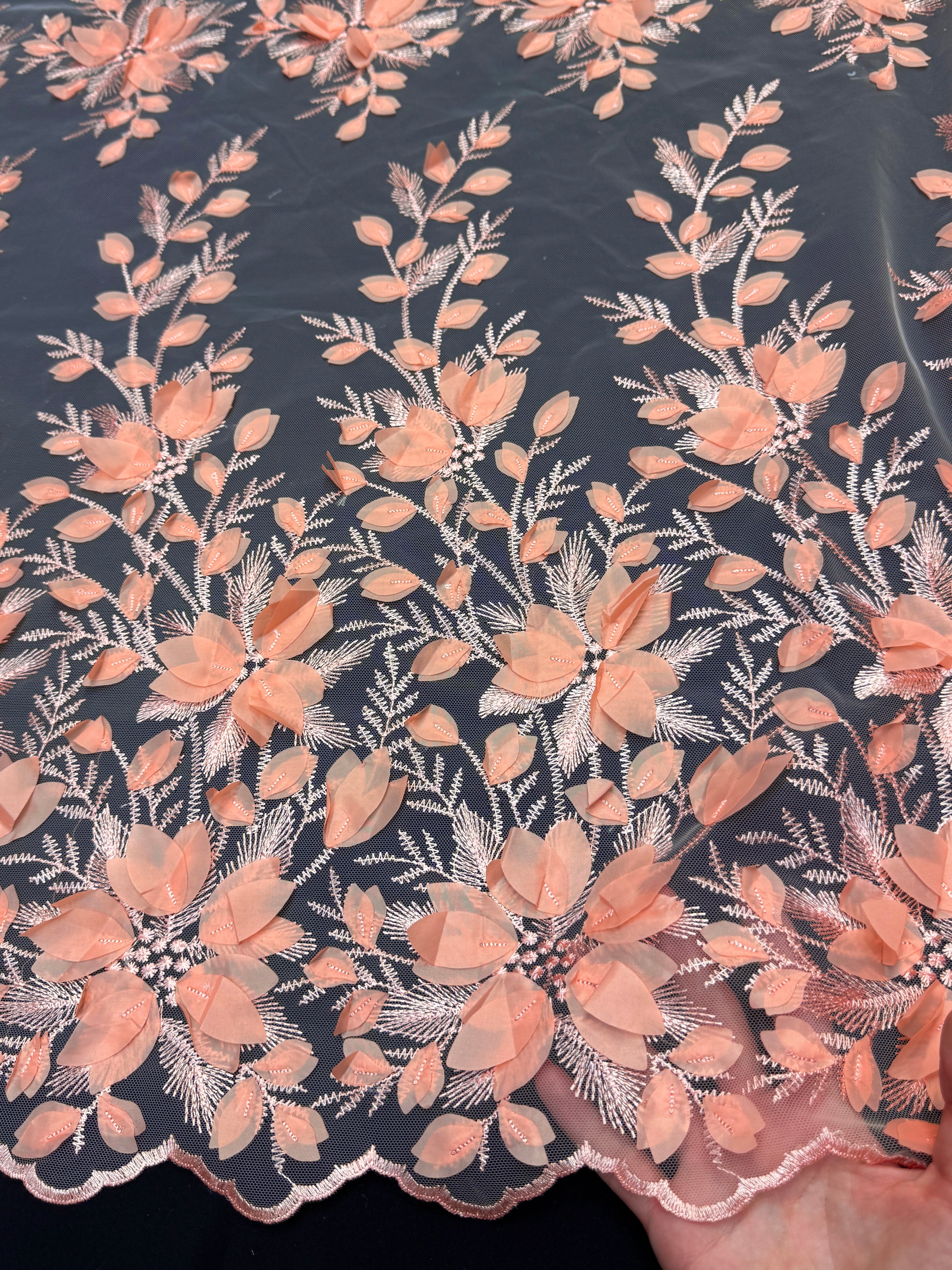Coral Peach Petals 3D Couture Embroidered Lace, 3d Floral Lace, Embroidered Lace Fabric, 3d Lace Fabric, Floral Applique Lace, Couture Lace Fabric