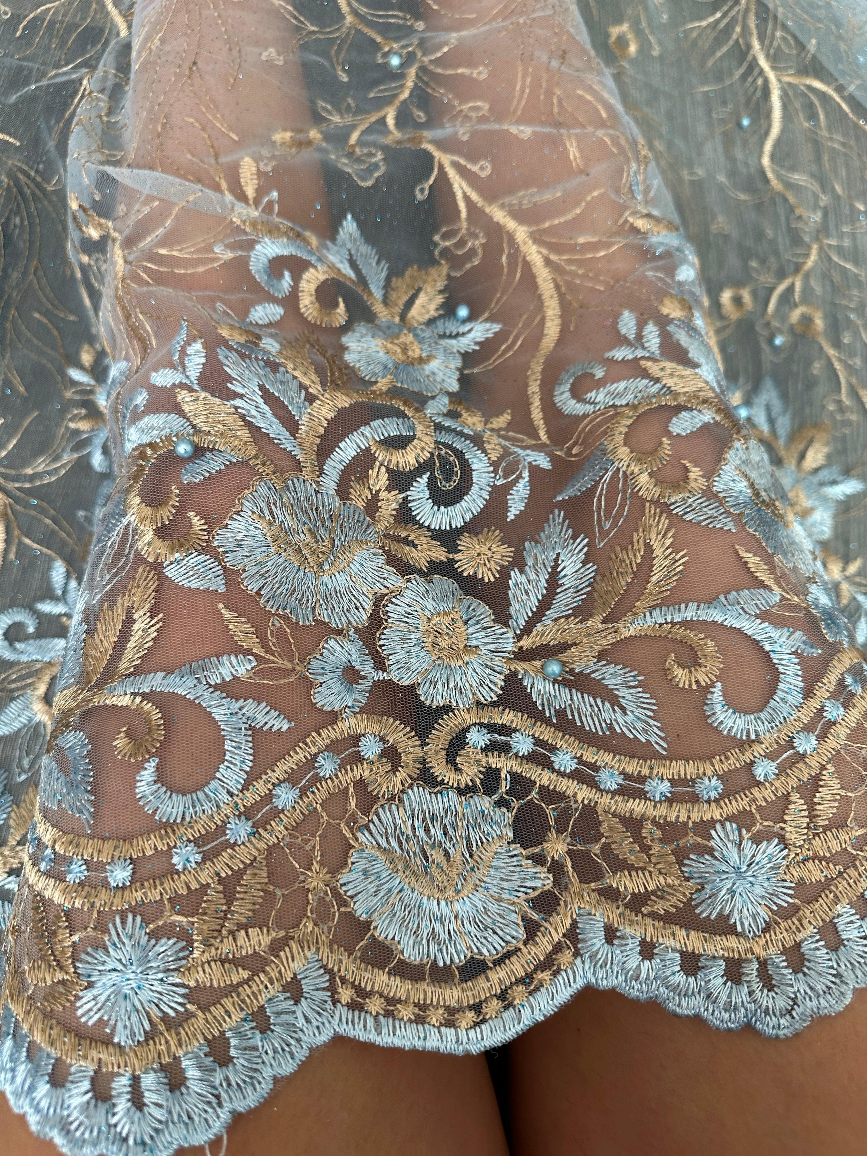 Baby Blue/Gold Embroidered Lace
