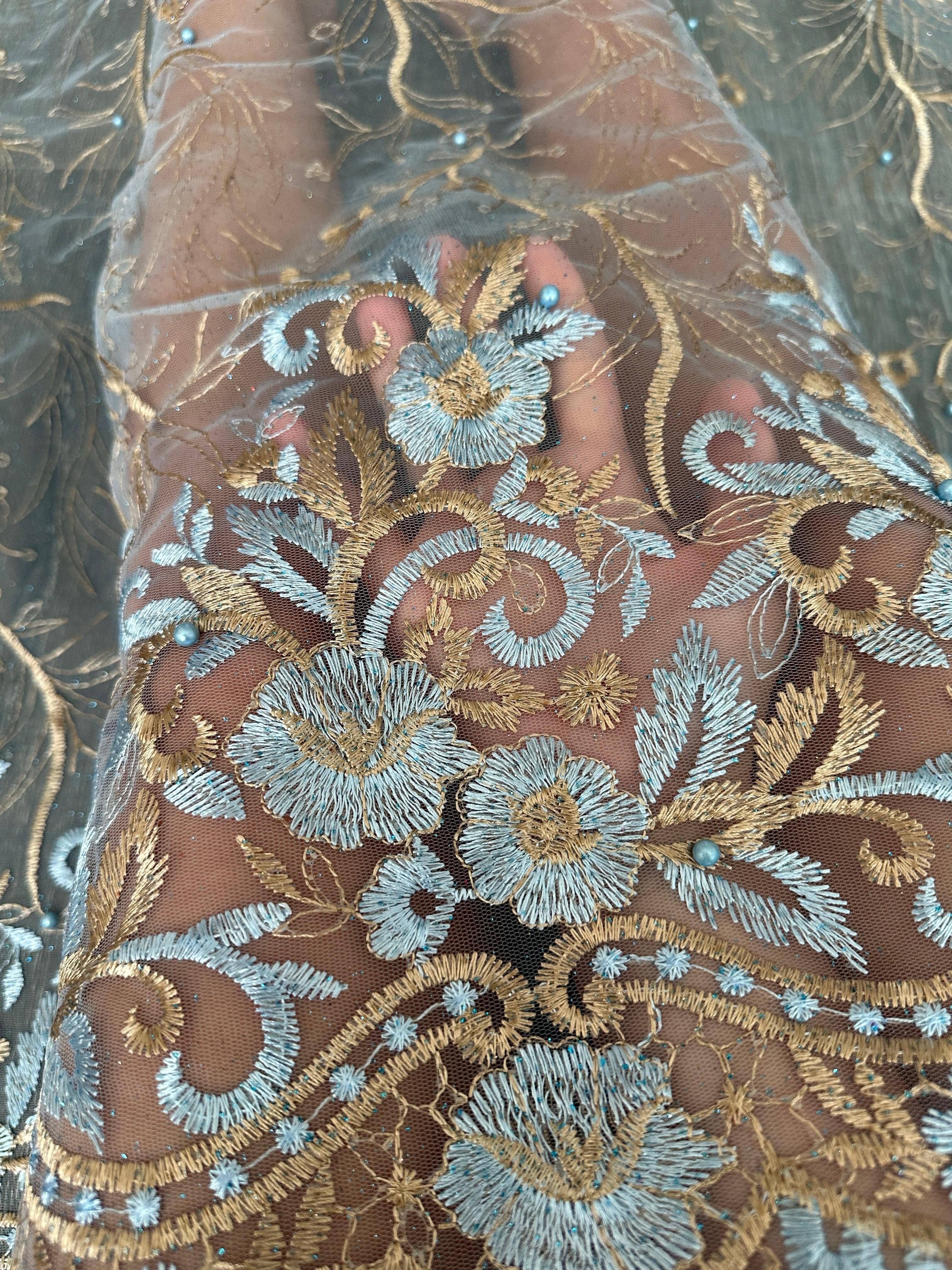 Baby Blue/Gold Embroidered Lace