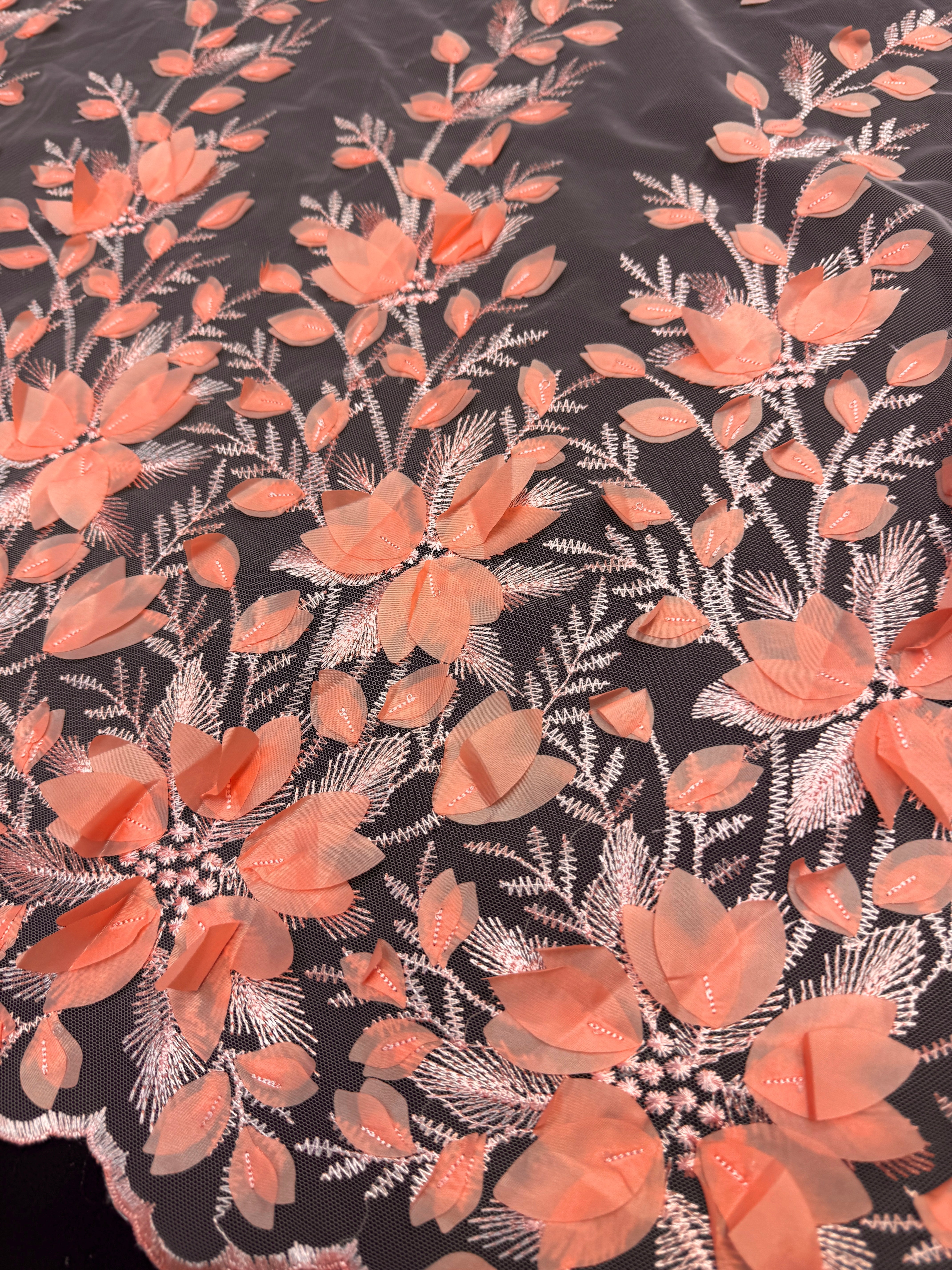 Coral Peach Petals 3D Couture Embroidered Lace, 3d Floral Lace, Embroidered Lace Fabric, 3d Lace Fabric, Floral Applique Lace, Couture Lace Fabric