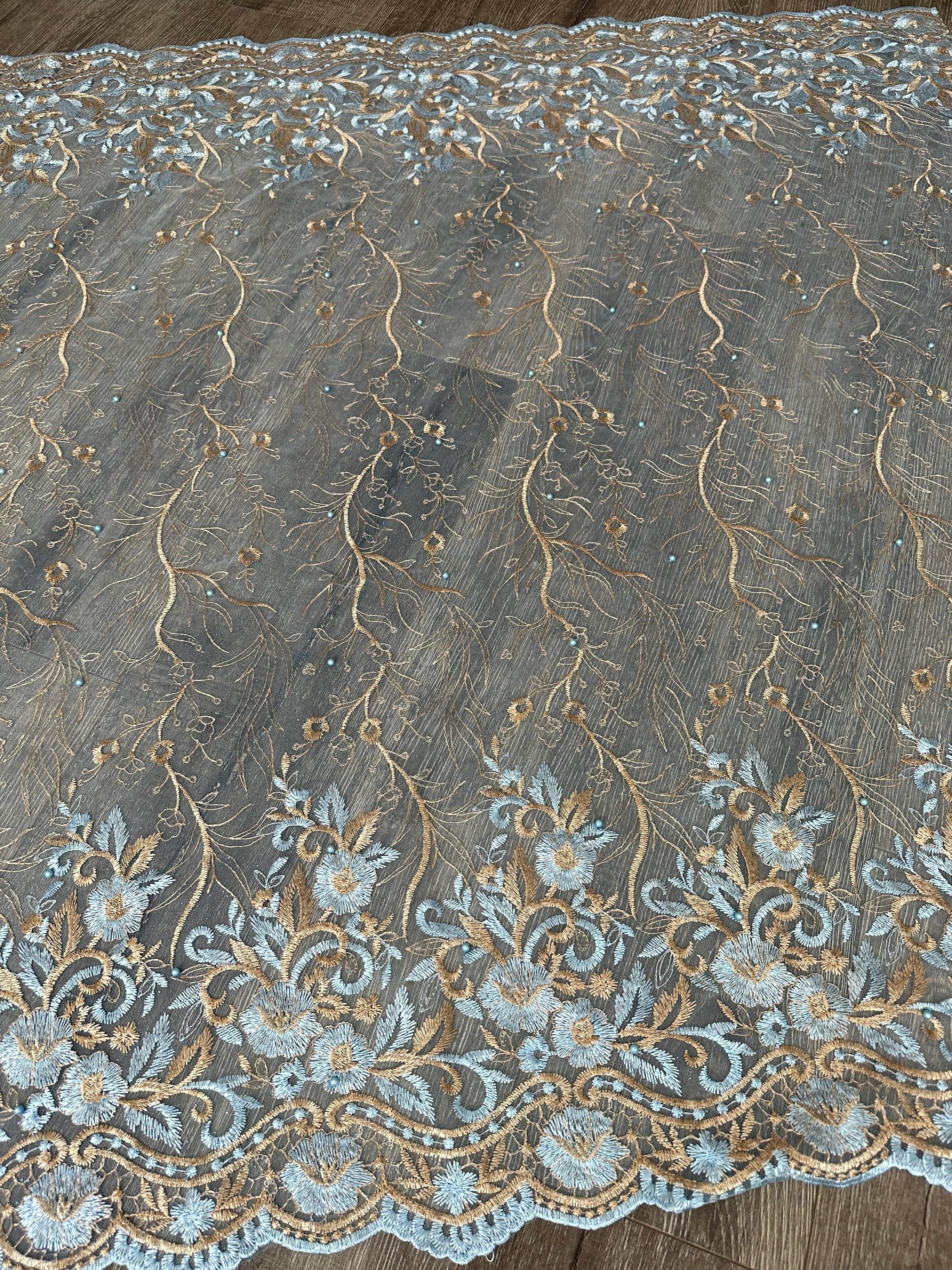 Baby Blue/Gold Embroidered Lace