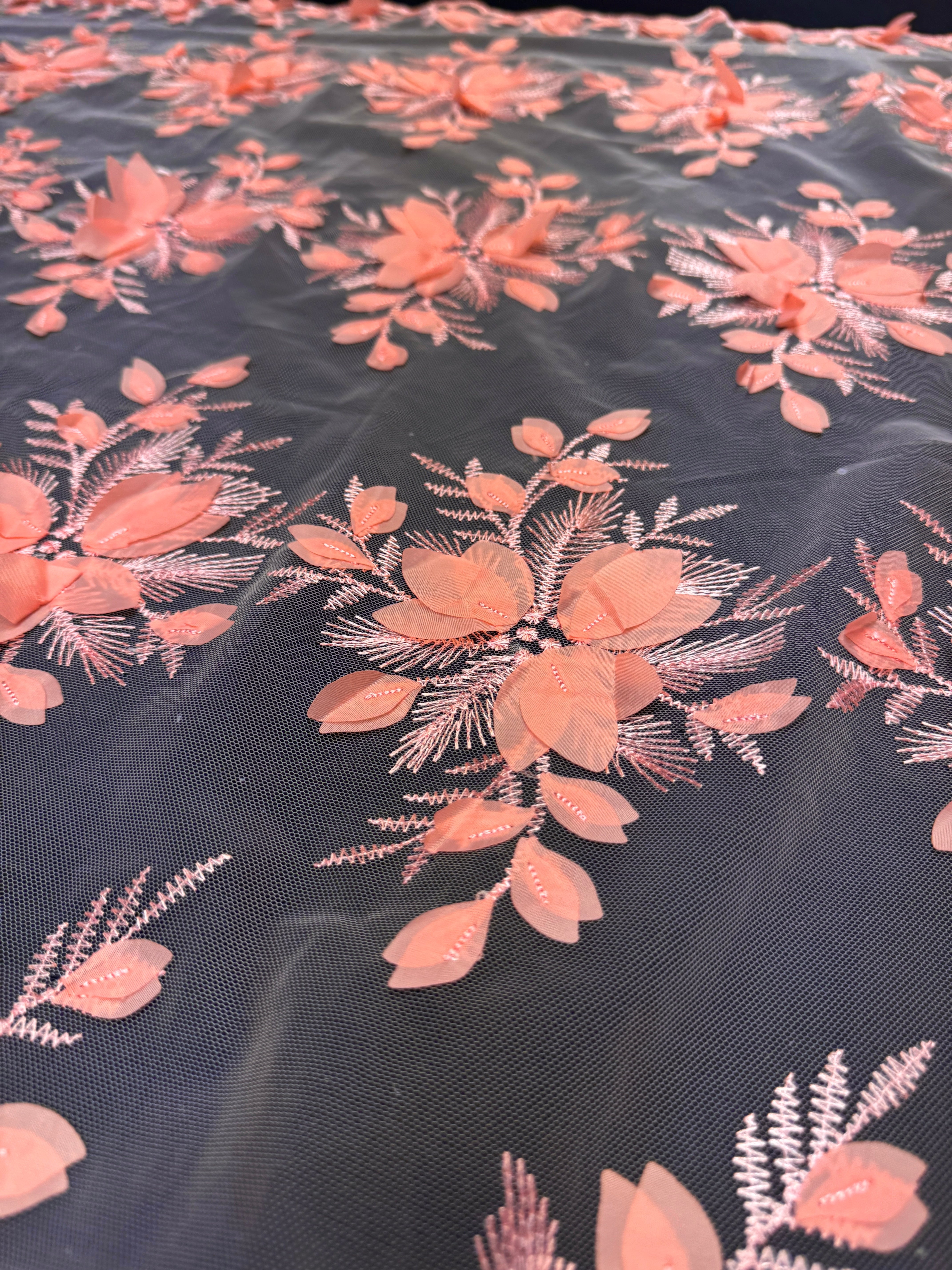 Coral Peach Petals 3D Couture Embroidered Lace, Kiki Sewing Store, Kiki Luxury Fabric, Cheap Fabric Store, Kiki Textiles, Kiki Textile by the Yard, Kiki Textile USA
