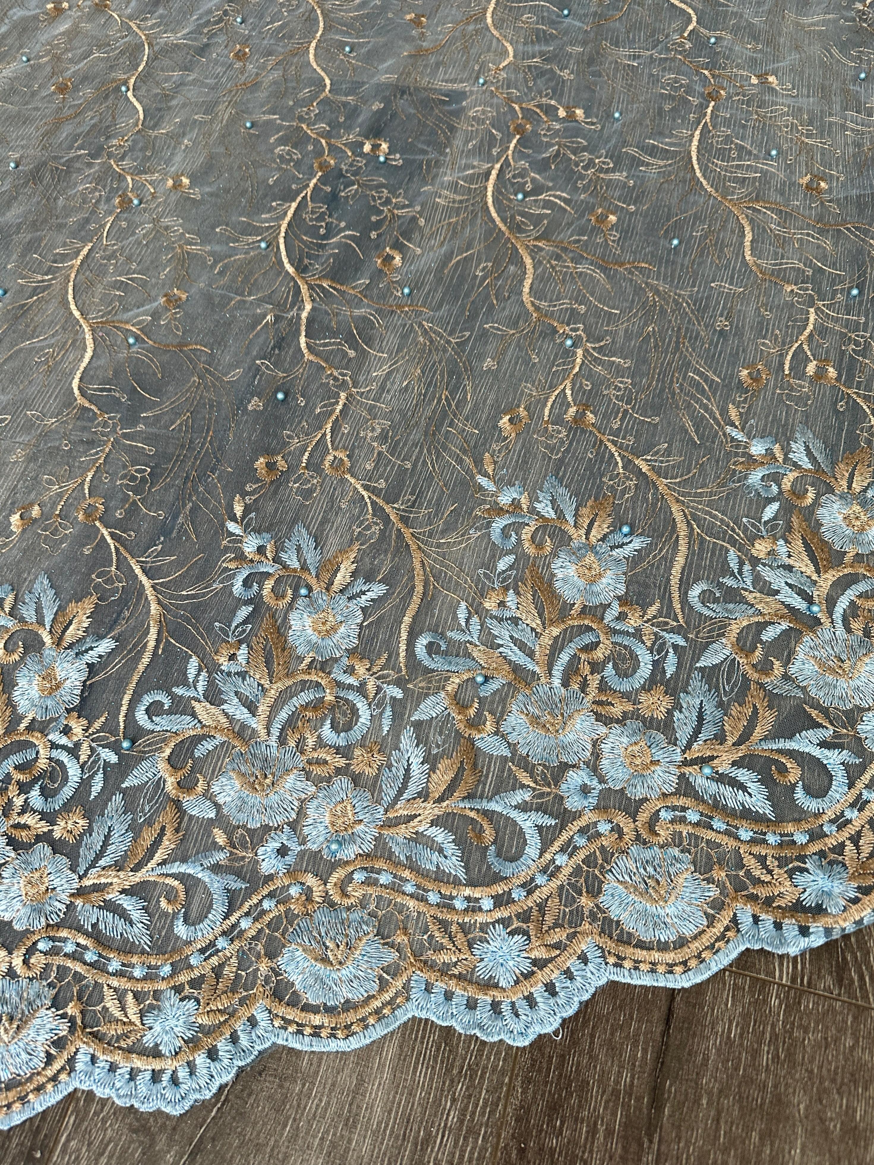 Baby Blue/Gold Embroidered Lace