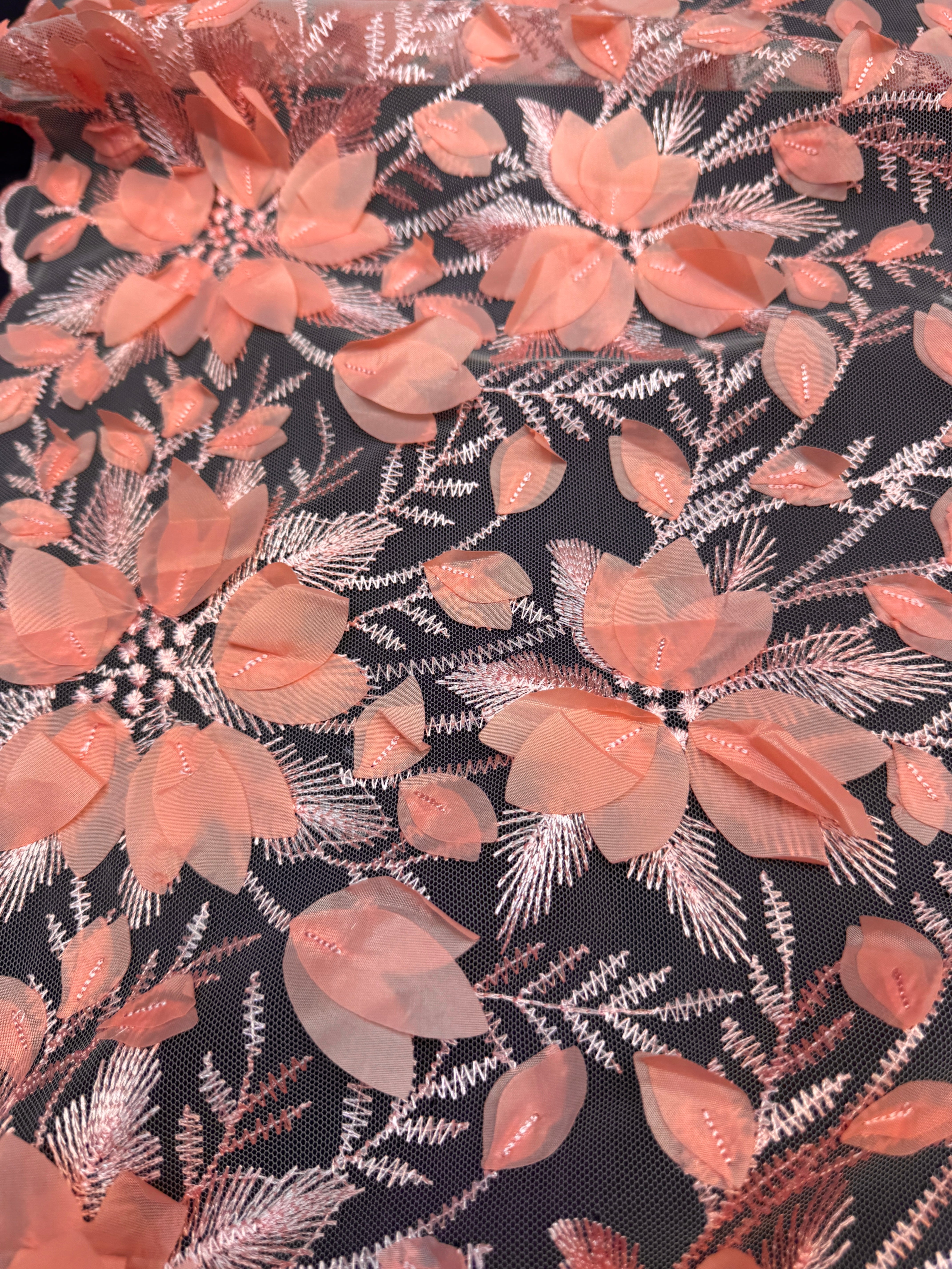 Coral Peach Petals 3D Couture Embroidered Lace, Kiki Sewing Store, Kiki Luxury Fabric, Cheap Fabric Store, Kiki Textiles, Kiki Textile by the Yard, Kiki Textile USA