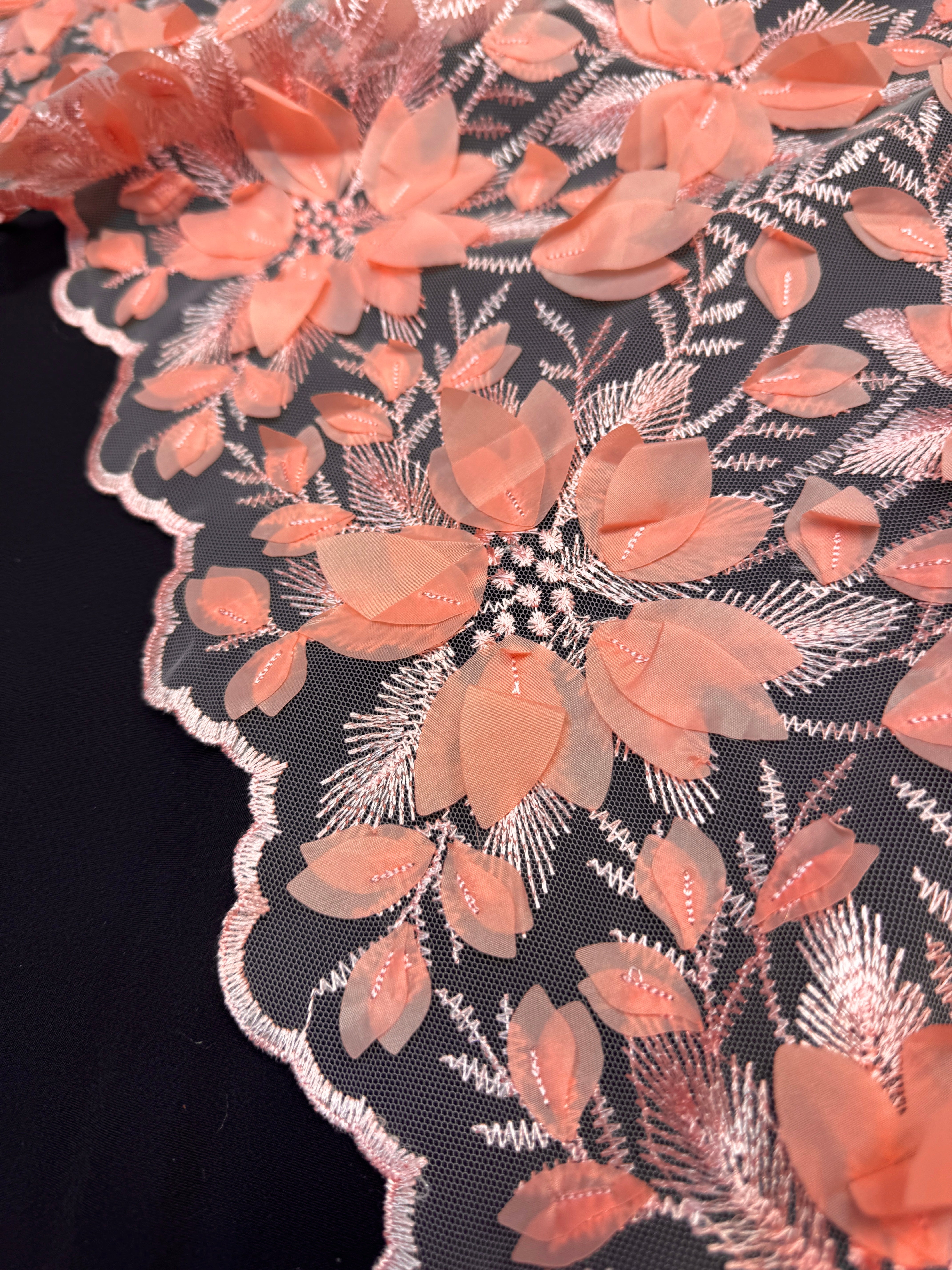 Coral Peach Petals 3D Couture Embroidered Lace, 3d Floral Lace, Embroidered Lace Fabric, 3d Lace Fabric, Floral Applique Lace, Couture Lace Fabric