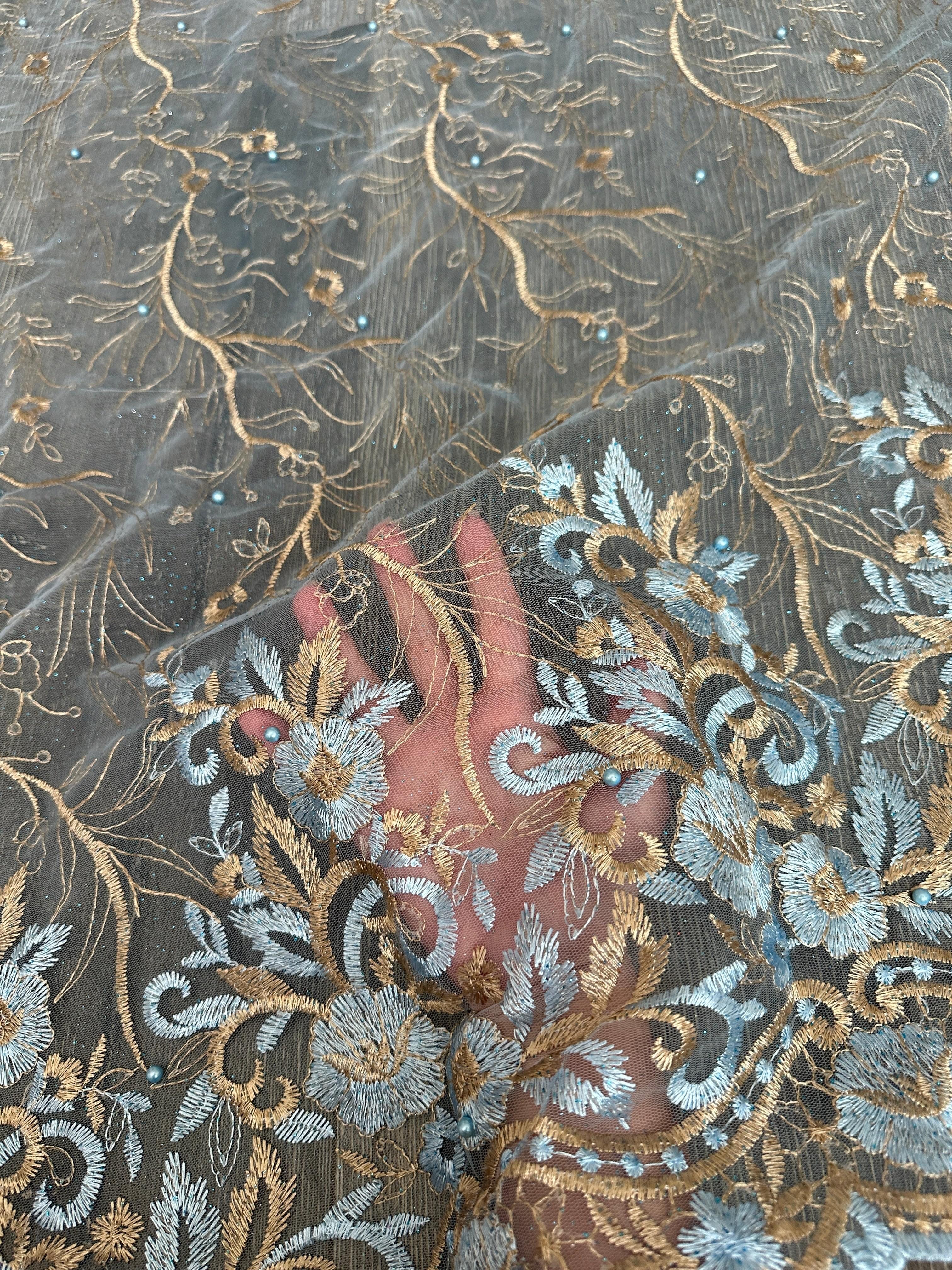 Baby Blue/Gold Embroidered Lace