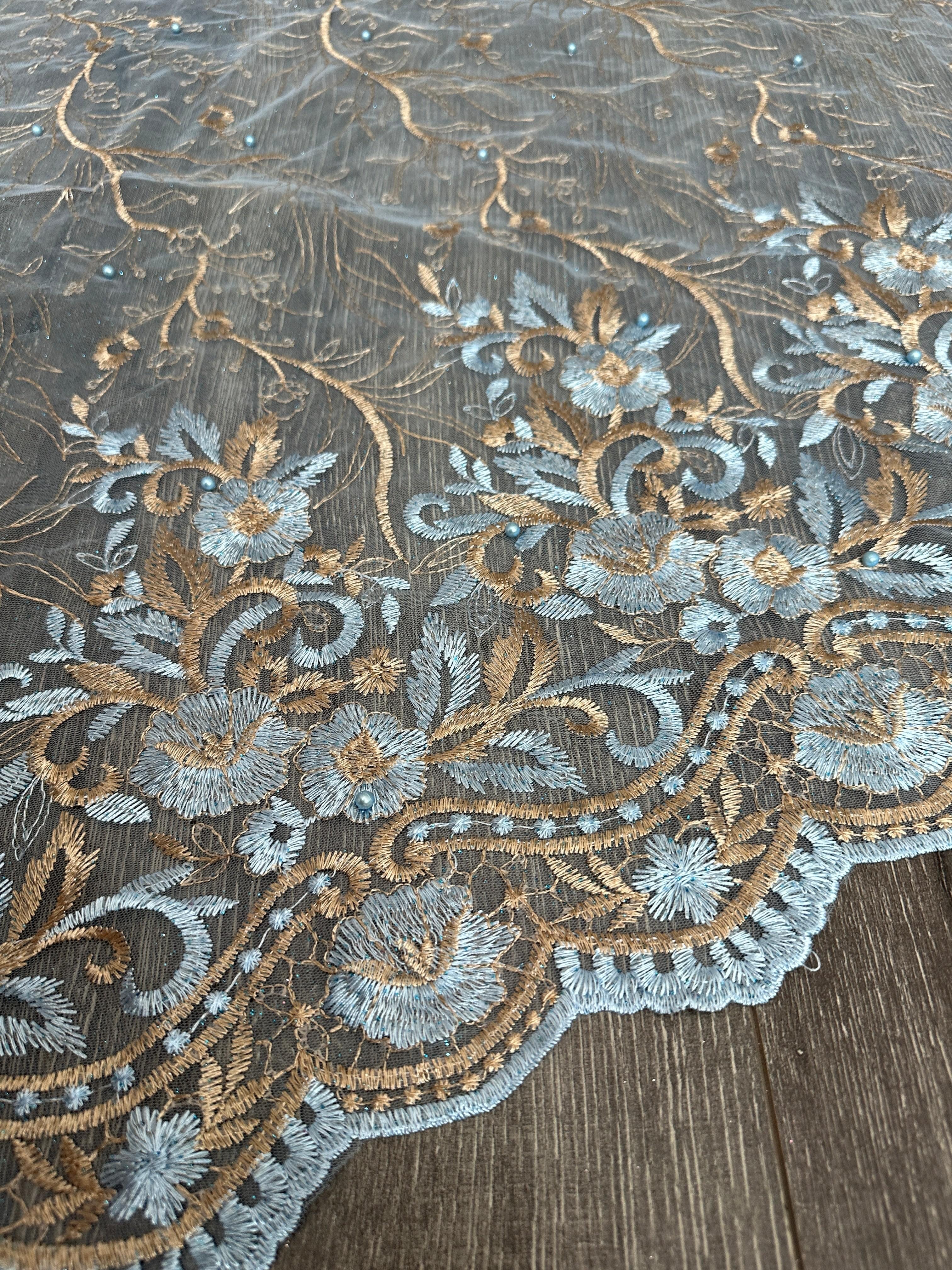 Baby Blue/Gold Embroidered Lace