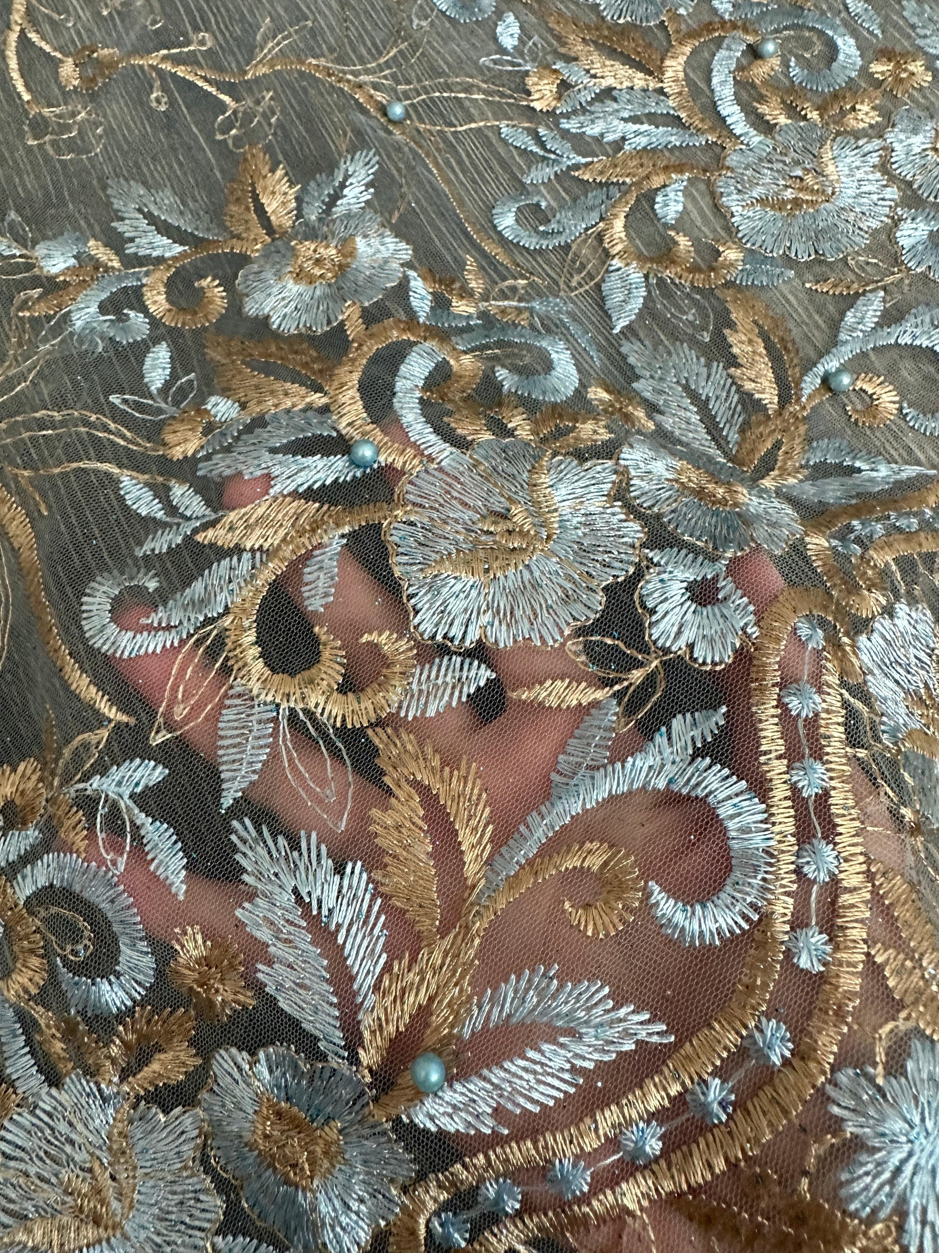 Baby Blue/Gold Embroidered Lace