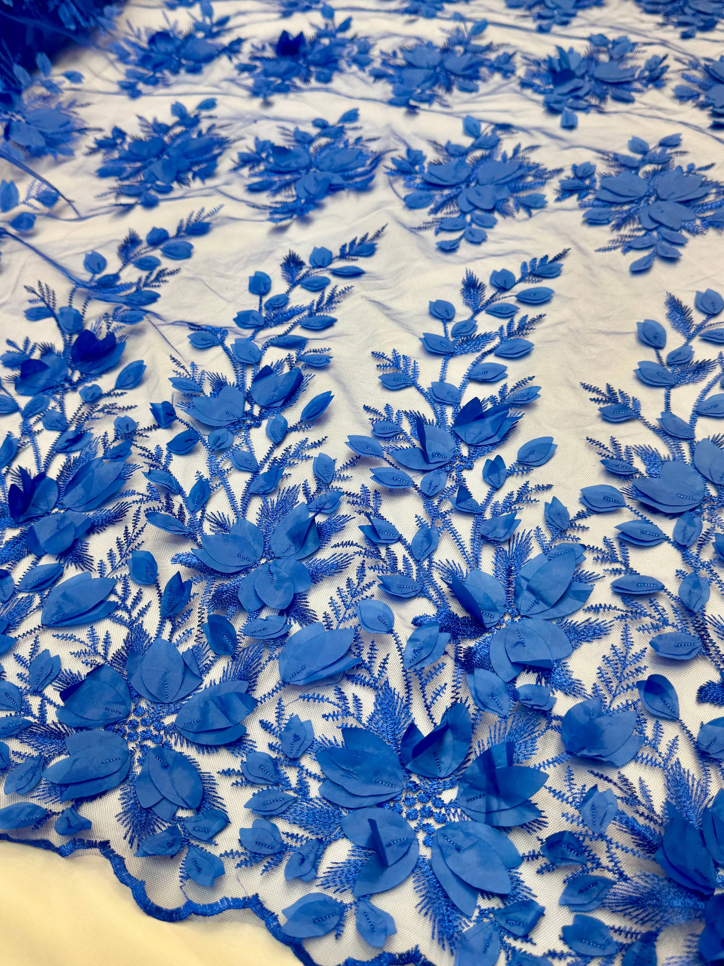 Royal Blue Petals 3D Couture Embroidered Lace, Kiki Sewing Store, Kiki Luxury Fabric, Cheap Fabric Store, Kiki Textiles, Kiki Textile by the Yard, Kiki Textile USA