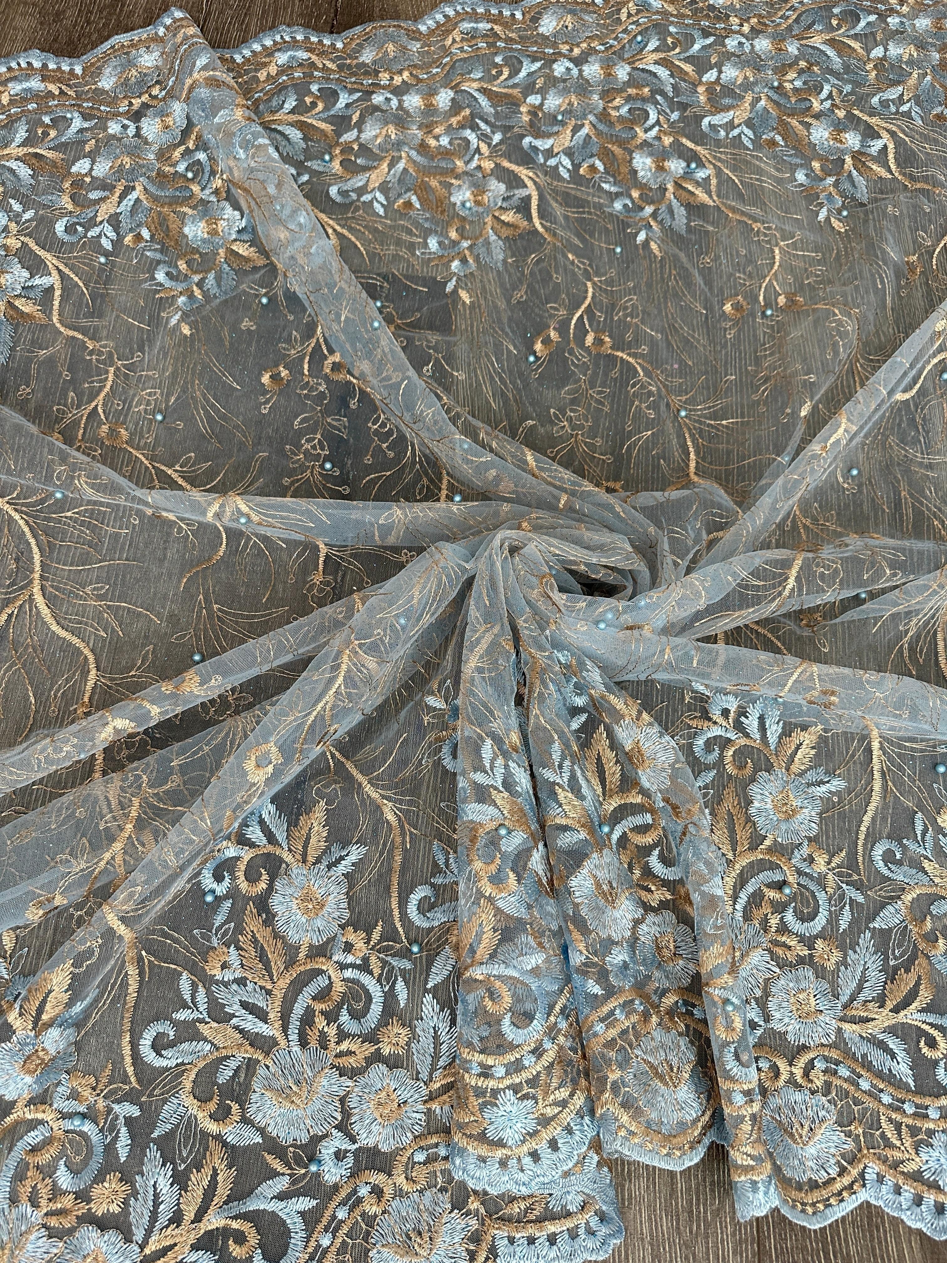 Baby Blue/Gold Embroidered Lace