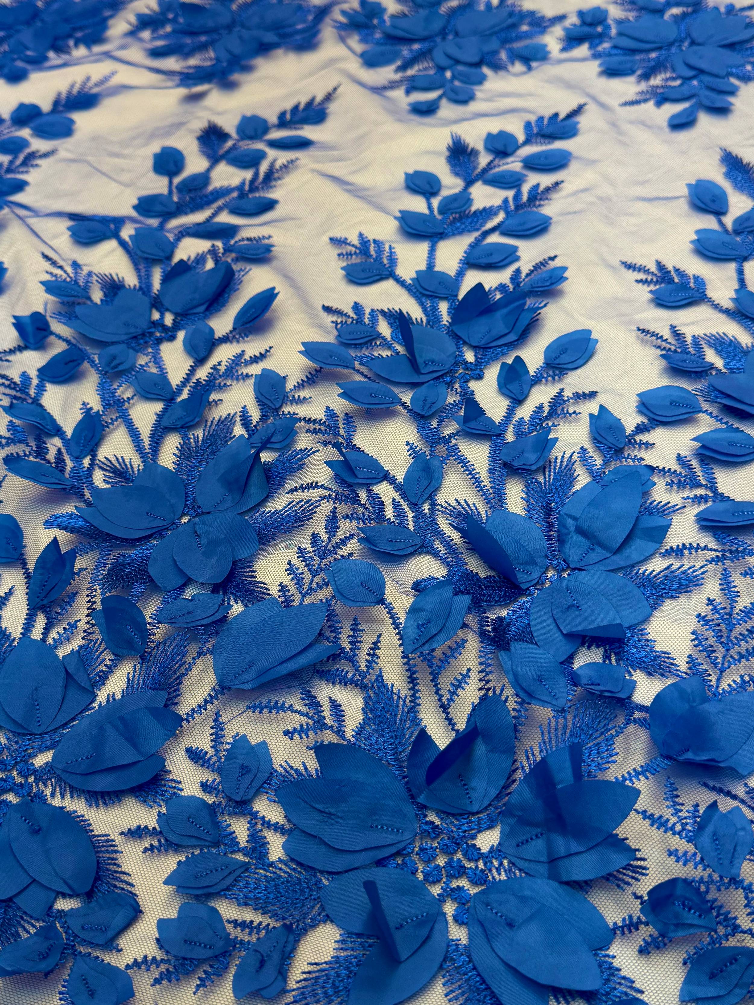 Royal Blue Petals 3D Couture Embroidered Lace, 3d Floral Lace, Embroidered Lace Fabric, 3d Lace Fabric, Floral Applique Lace, Couture Lace Fabric, Royal Blue Lace