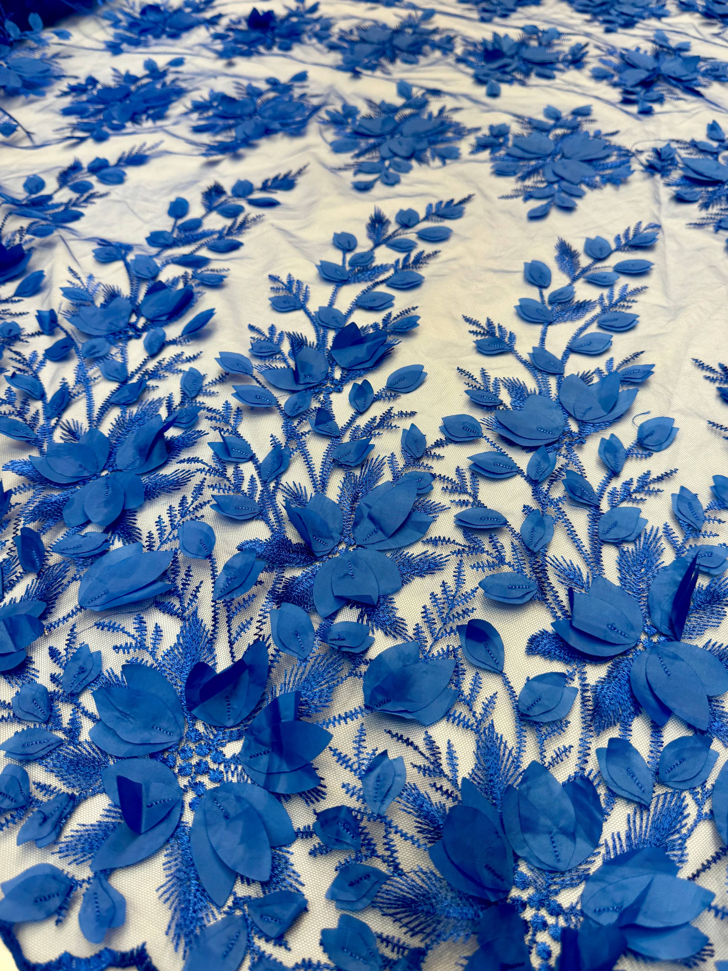 Royal Blue Petals 3D Couture Embroidered Lace, 3d Floral Lace, Embroidered Lace Fabric, 3d Lace Fabric, Floral Applique Lace, Couture Lace Fabric, Royal Blue Lace