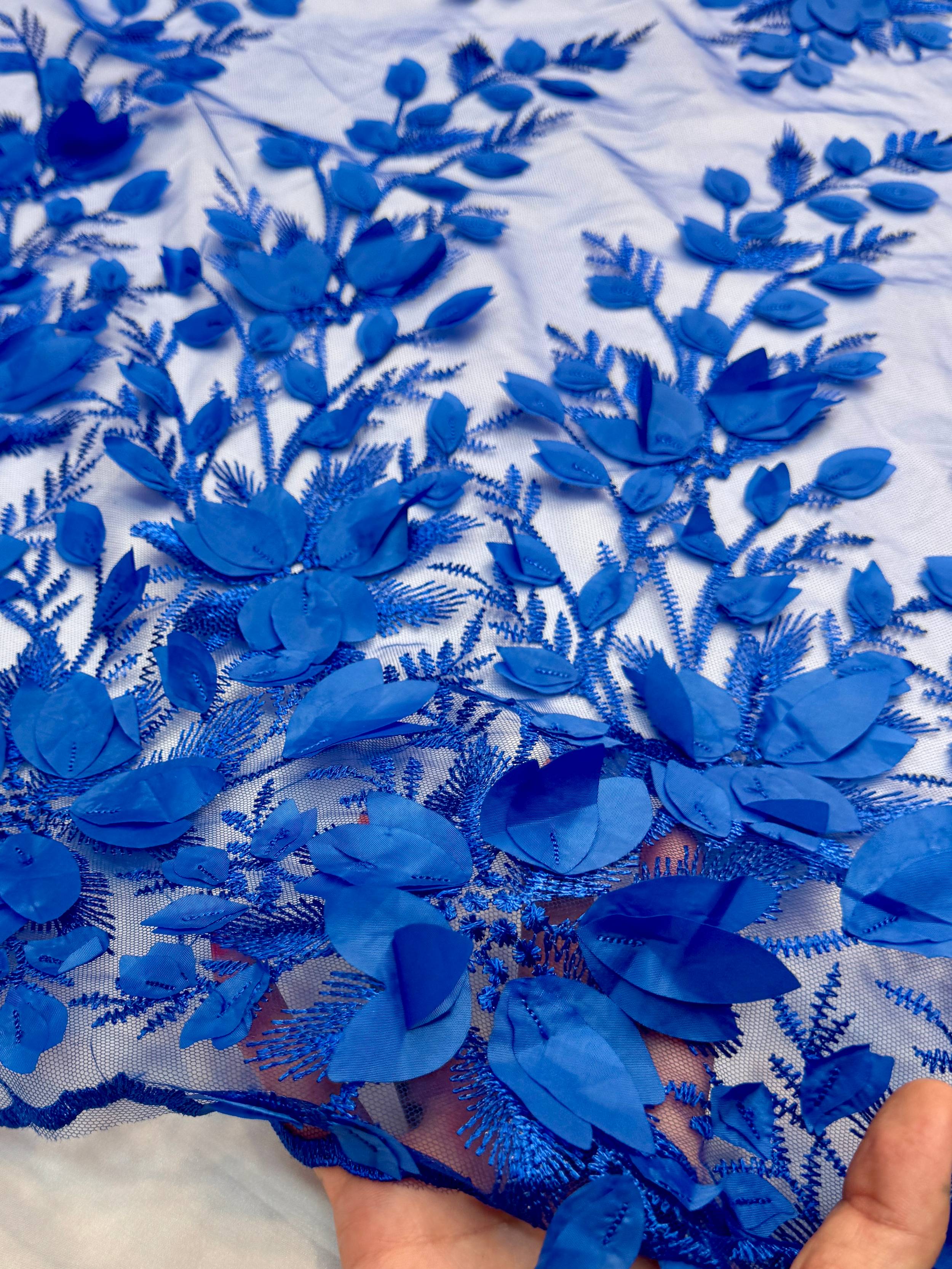 Royal Blue Petals 3D Couture Embroidered Lace, 3d Floral Lace, Embroidered Lace Fabric, 3d Lace Fabric, Floral Applique Lace, Couture Lace Fabric, Royal Blue Lace