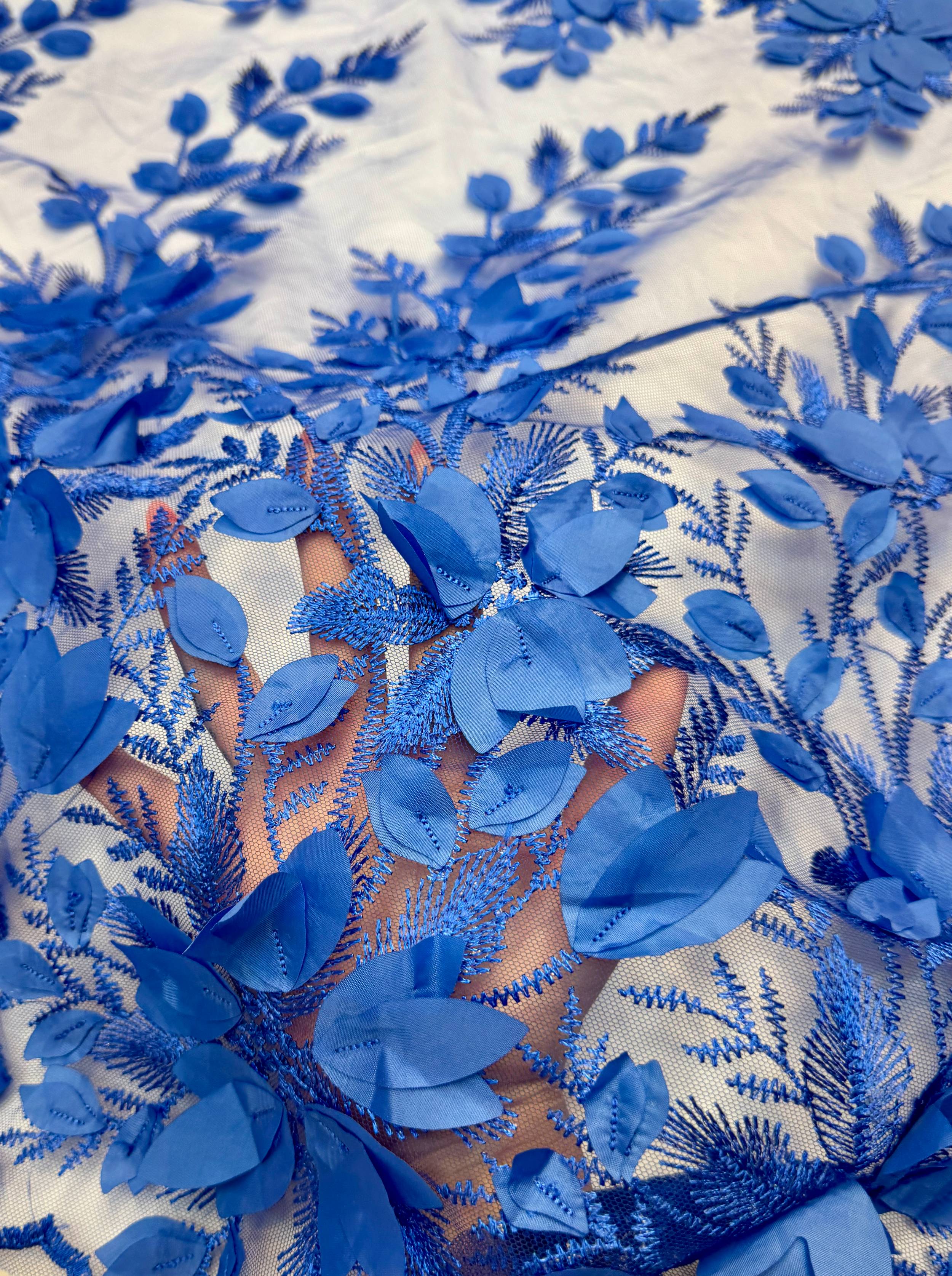 Royal Blue Petals 3D Couture Embroidered Lace, Kiki Sewing Store, Kiki Luxury Fabric, Cheap Fabric Store, Kiki Textiles, Kiki Textile by the Yard, Kiki Textile USA