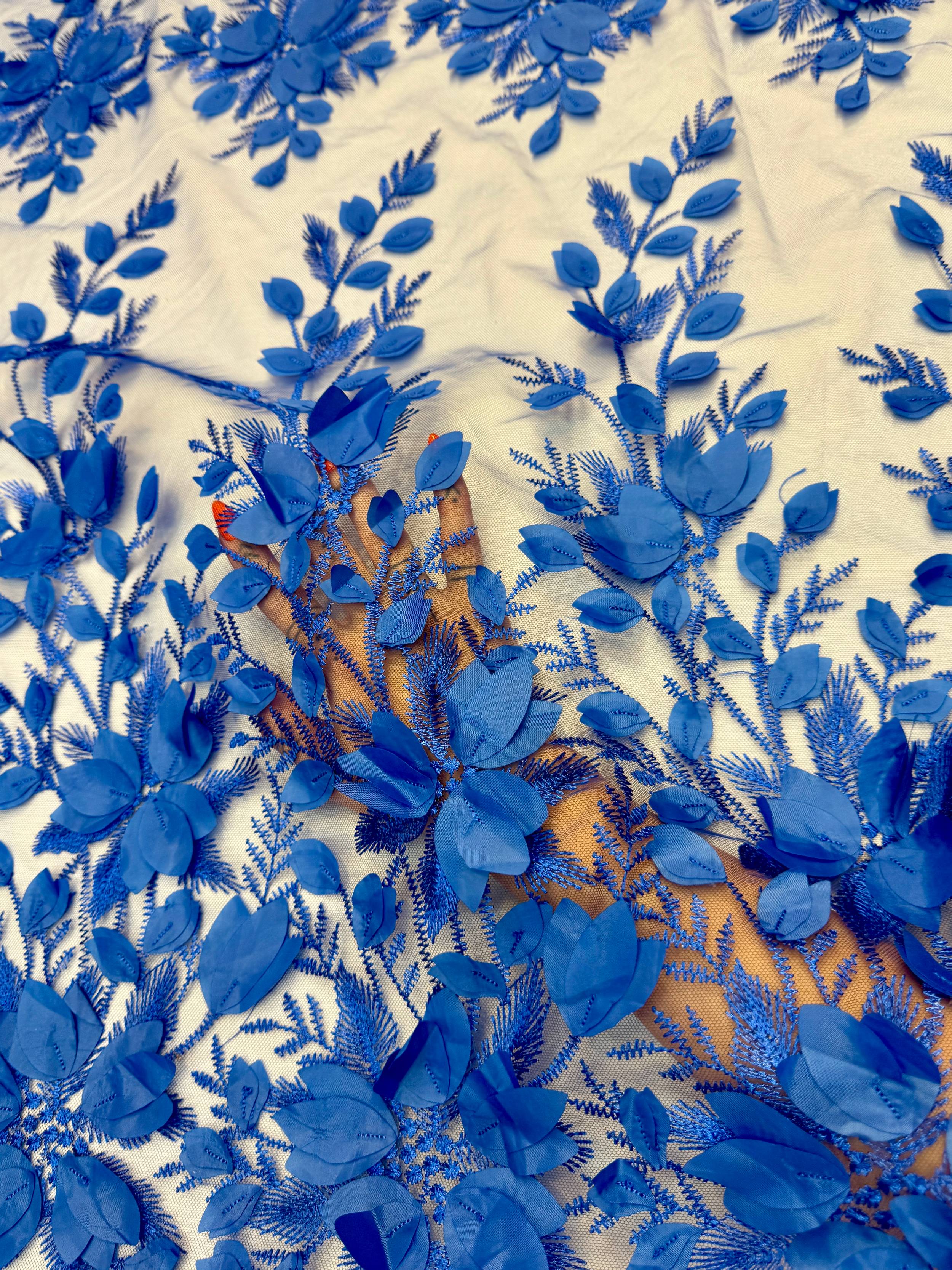 Royal Blue Petals 3D Couture Embroidered Lace, Kiki Sewing Store, Kiki Luxury Fabric, Cheap Fabric Store, Kiki Textiles, Kiki Textile by the Yard, Kiki Textile USA