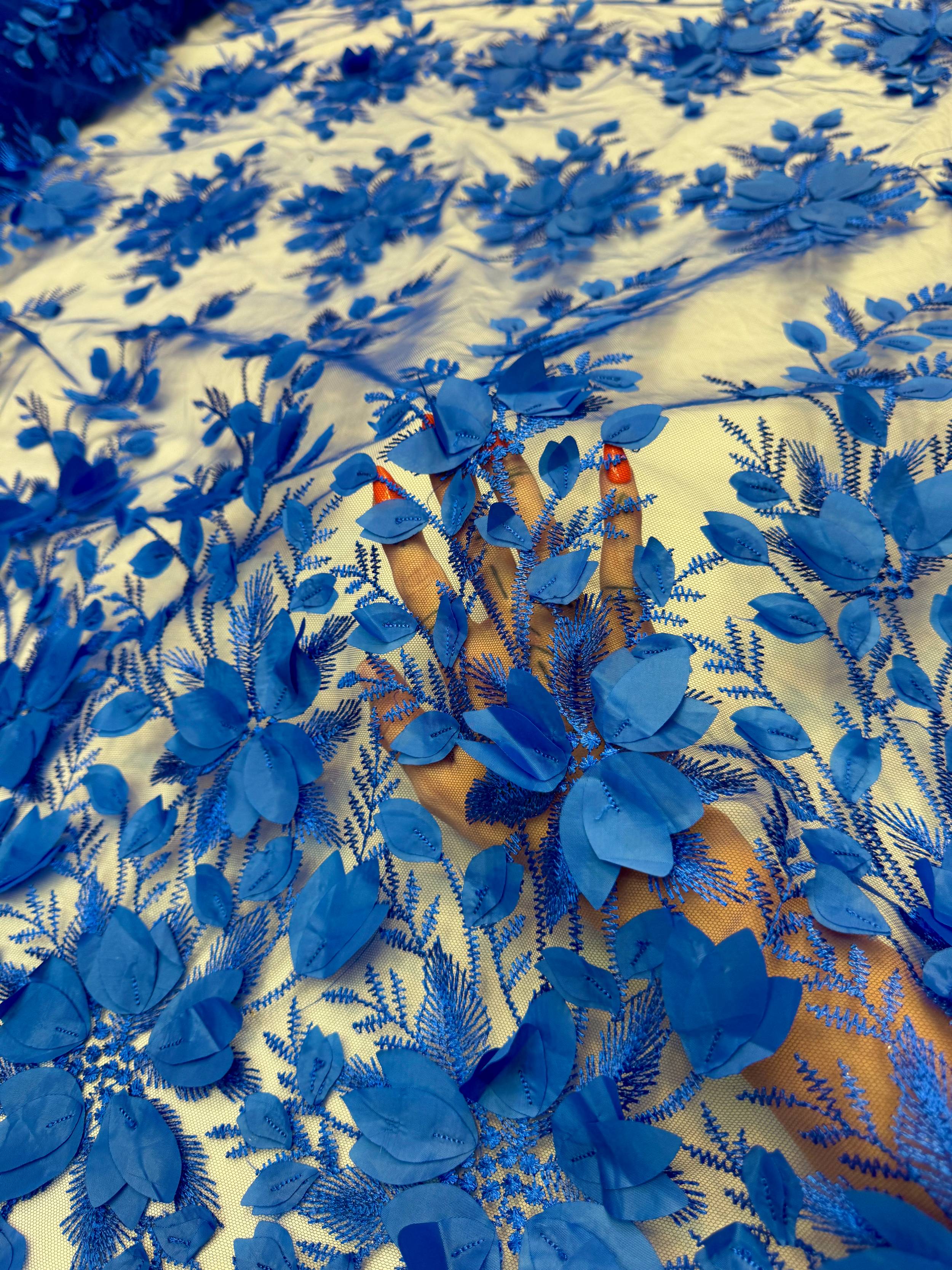 Royal Blue Petals 3D Couture Embroidered Lace, Kiki Sewing Store, Kiki Luxury Fabric, Cheap Fabric Store, Kiki Textiles, Kiki Textile by the Yard, Kiki Textile USA