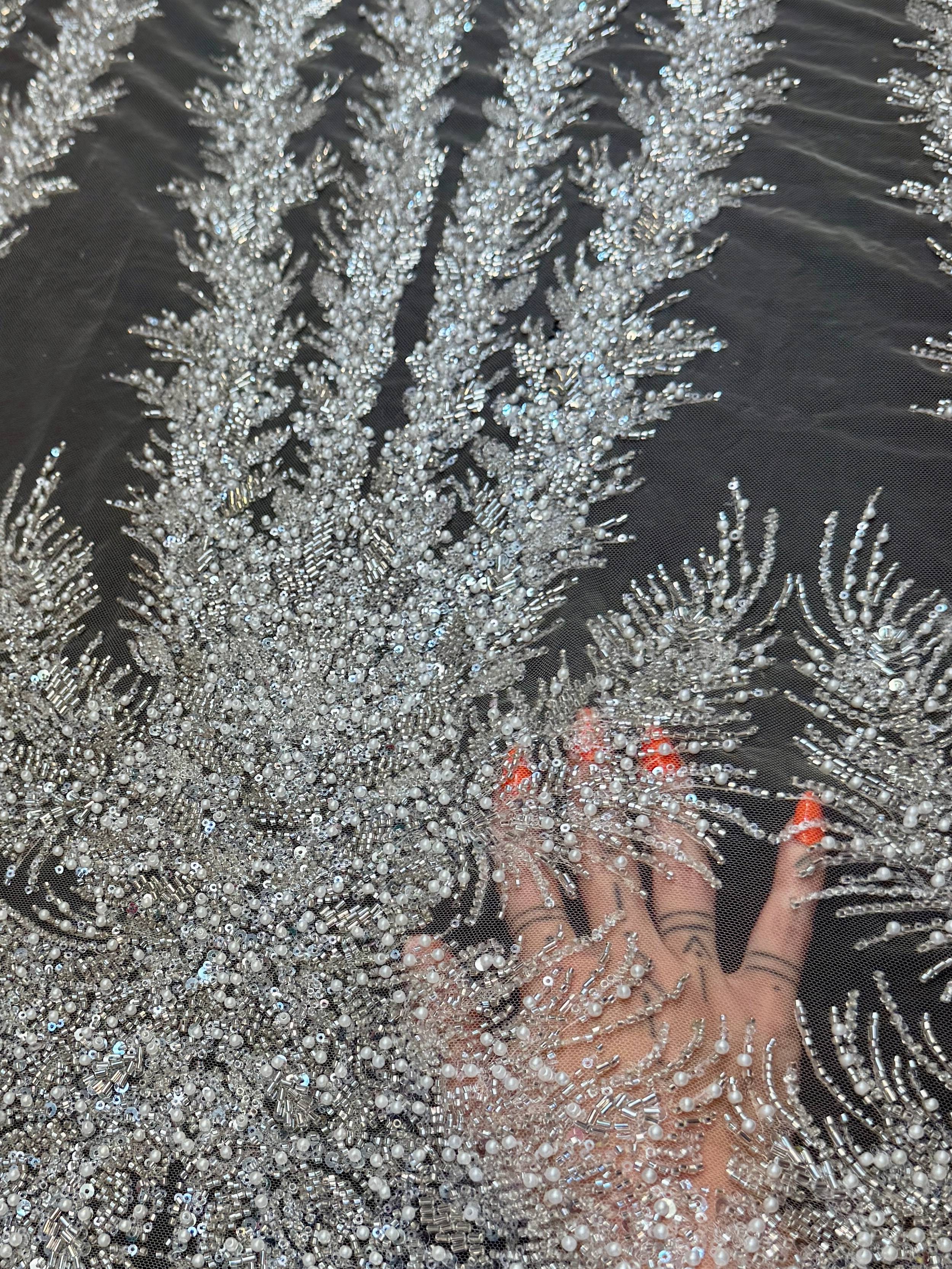 White-Silver Fireworks Beaded Couture Lace, Couture Lace Fabric, Crystal Beaded Lace, Fireworks Lace, Sequin Lace Fabric, Embellished Lace, Luxury Lace Fabric, Bridal Lace Fabric