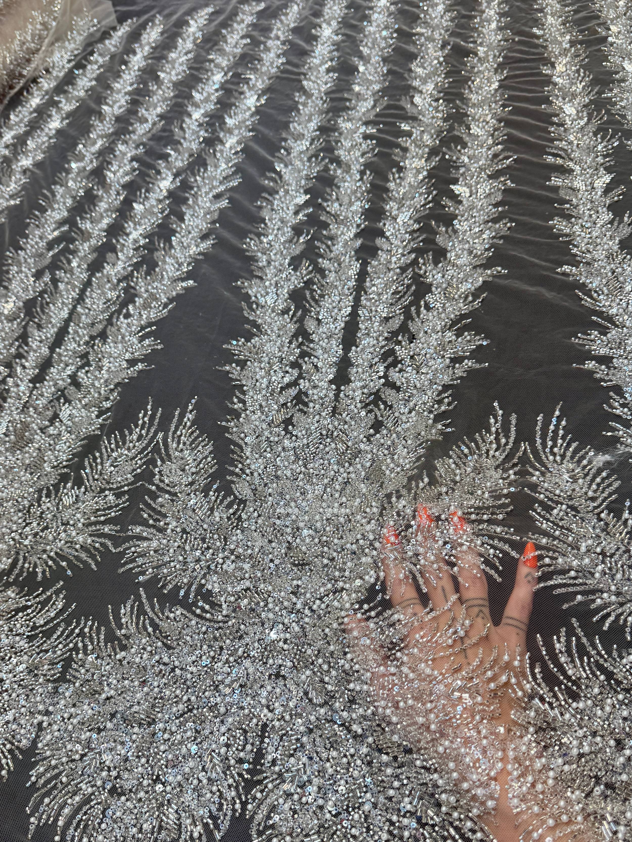White-Silver Fireworks Beaded Couture Lace, Kiki Sewing Store, Kiki Luxury Fabric, Cheap Fabric Store, Kiki Textiles, Kiki Textile by the Yard, Kiki Textile USA