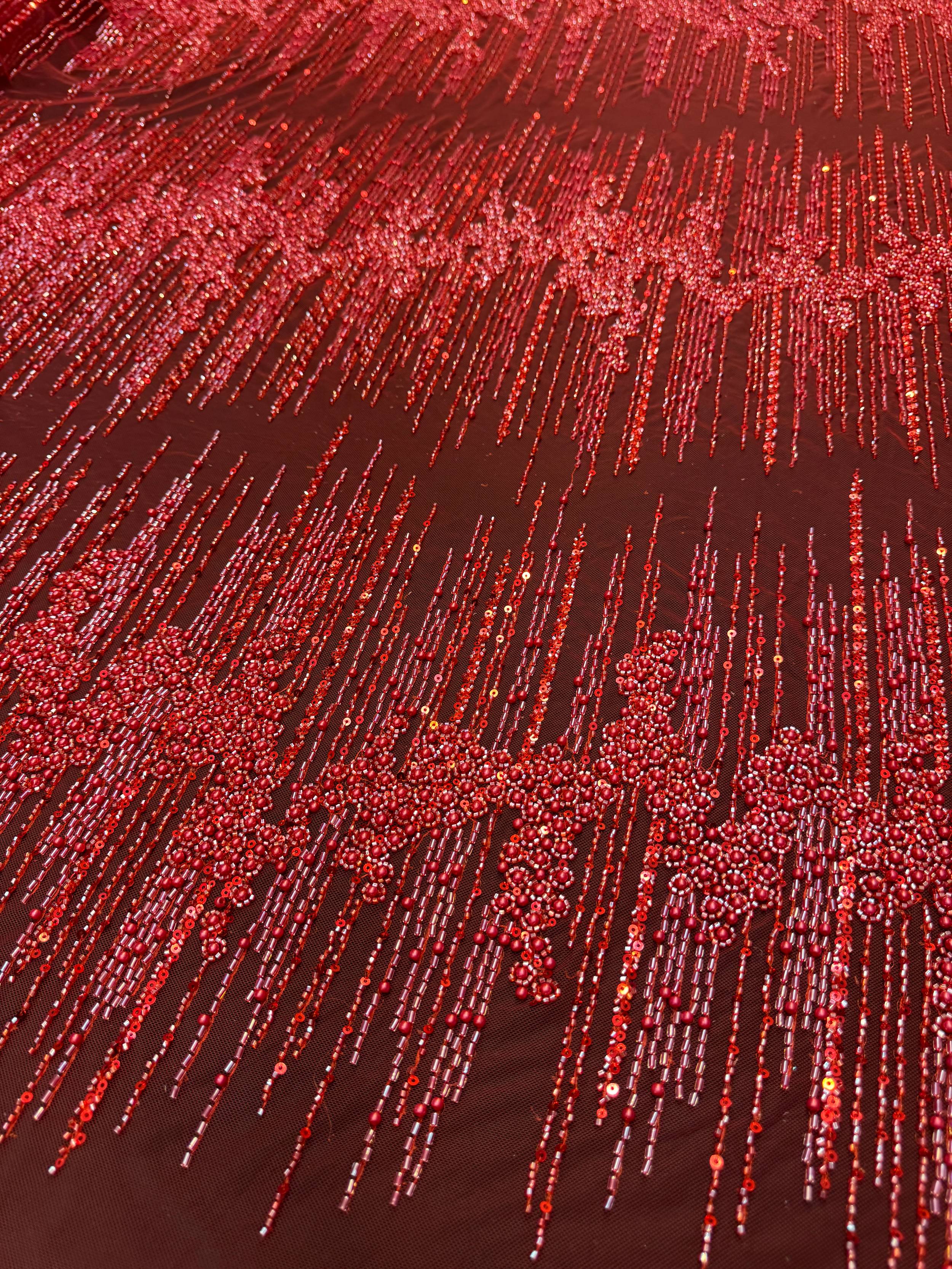 Red Crimson Cascade Crystal & Bugle Beaded Lace, Crystal Beaded Lace, Bugle Bead Lace, Pearl Beaded Lace, Sequin Lace Fabric, Bridal Lace Fabric, Couture Lace Fabric