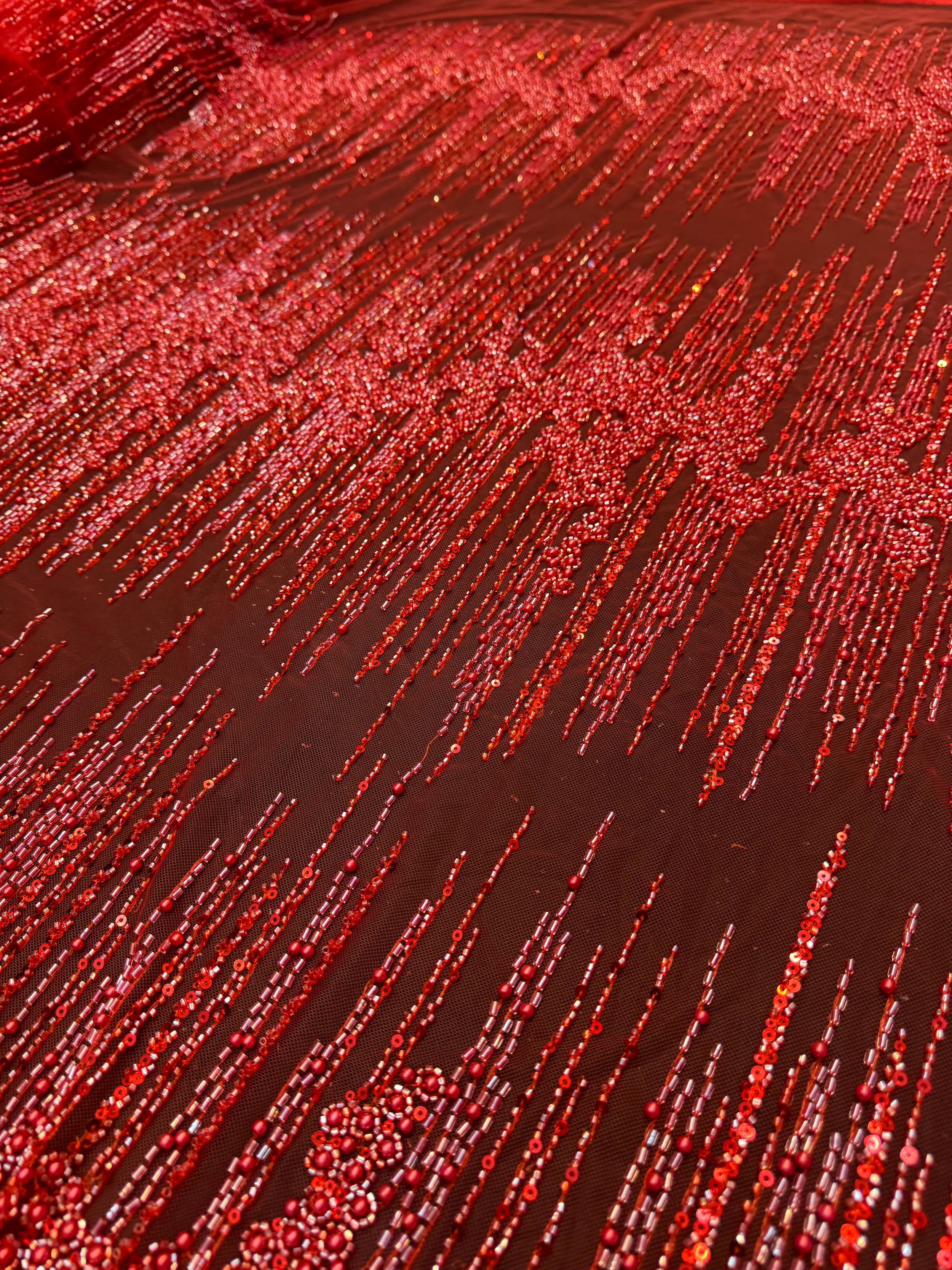 Red Crimson Cascade Crystal & Bugle Beaded Lace, Crystal Beaded Lace, Bugle Bead Lace, Pearl Beaded Lace, Sequin Lace Fabric, Bridal Lace Fabric, Couture Lace Fabric