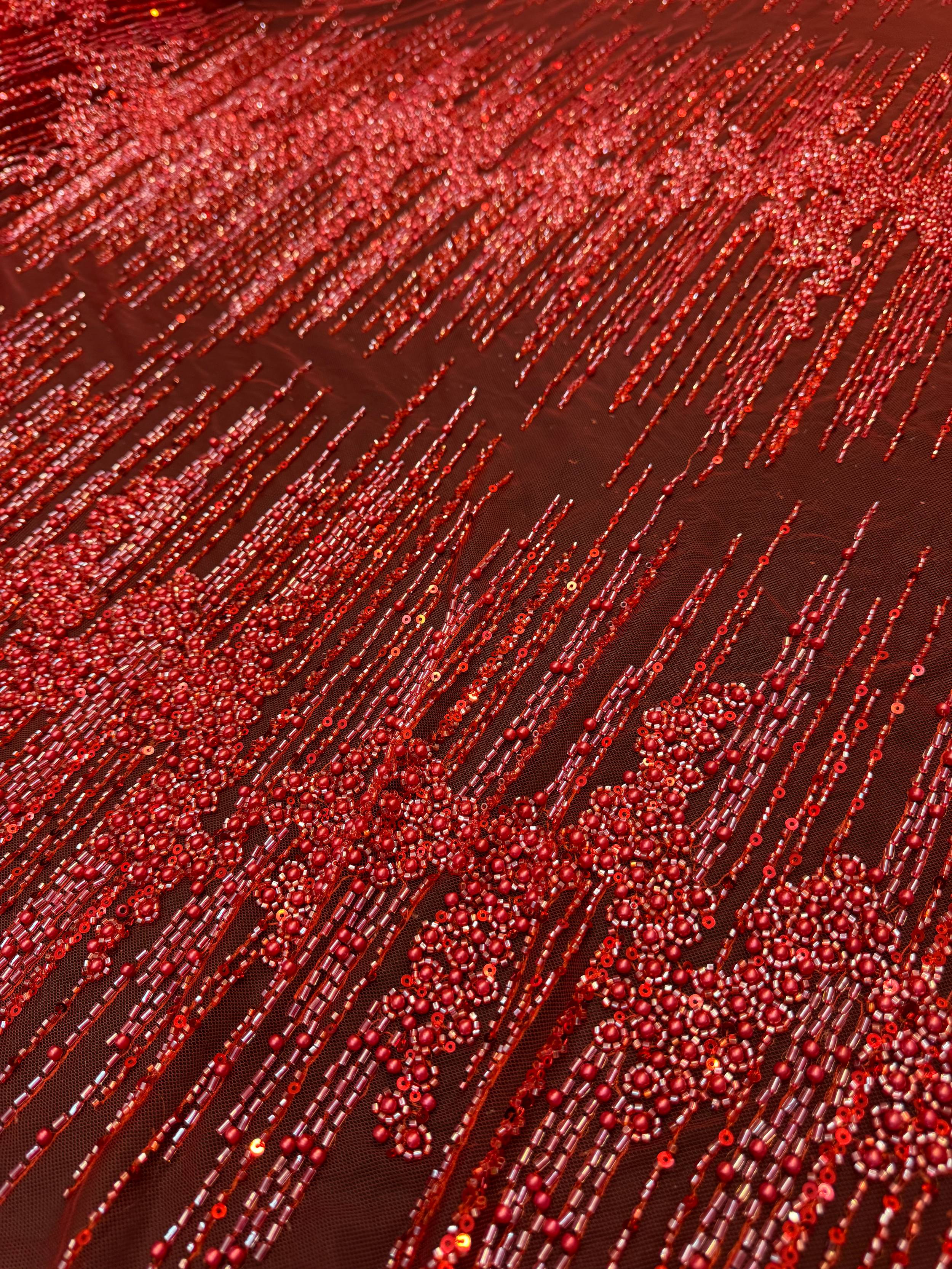 Red Crimson Cascade Crystal & Bugle Beaded Lace, Kiki Sewing Store, Kiki Luxury Fabric, Cheap Fabric Store, Kiki Textiles, Kiki Textile by the Yard, Kiki Textile USA