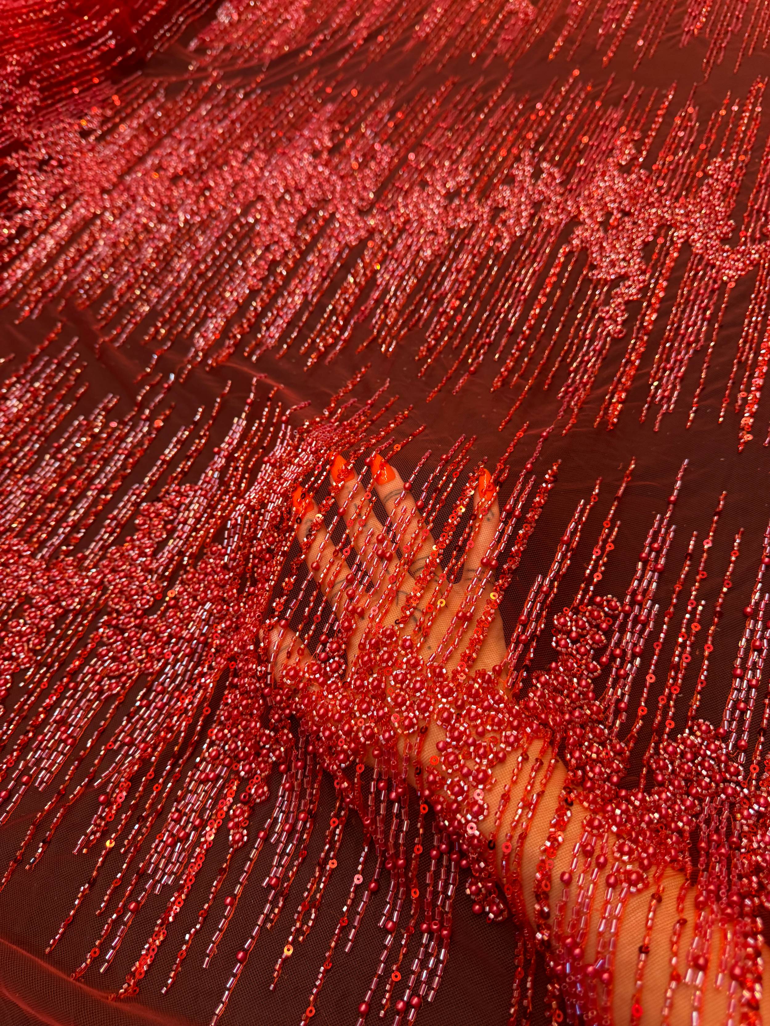 Red Crimson Cascade Crystal & Bugle Beaded Lace, Kiki Sewing Store, Kiki Luxury Fabric, Cheap Fabric Store, Kiki Textiles, Kiki Textile by the Yard, Kiki Textile USA