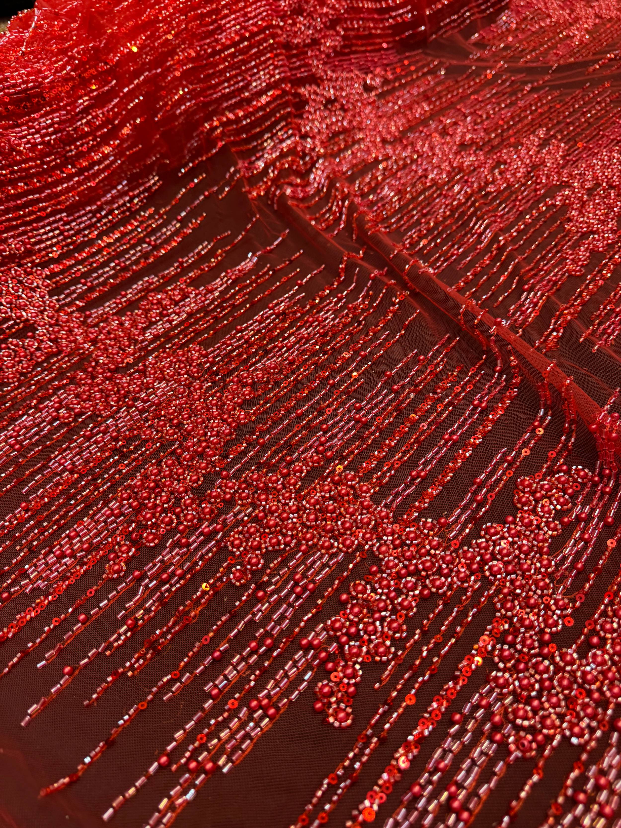 Red Crimson Cascade Crystal & Bugle Beaded Lace, Crystal Beaded Lace, Bugle Bead Lace, Pearl Beaded Lace, Sequin Lace Fabric, Bridal Lace Fabric, Couture Lace Fabric