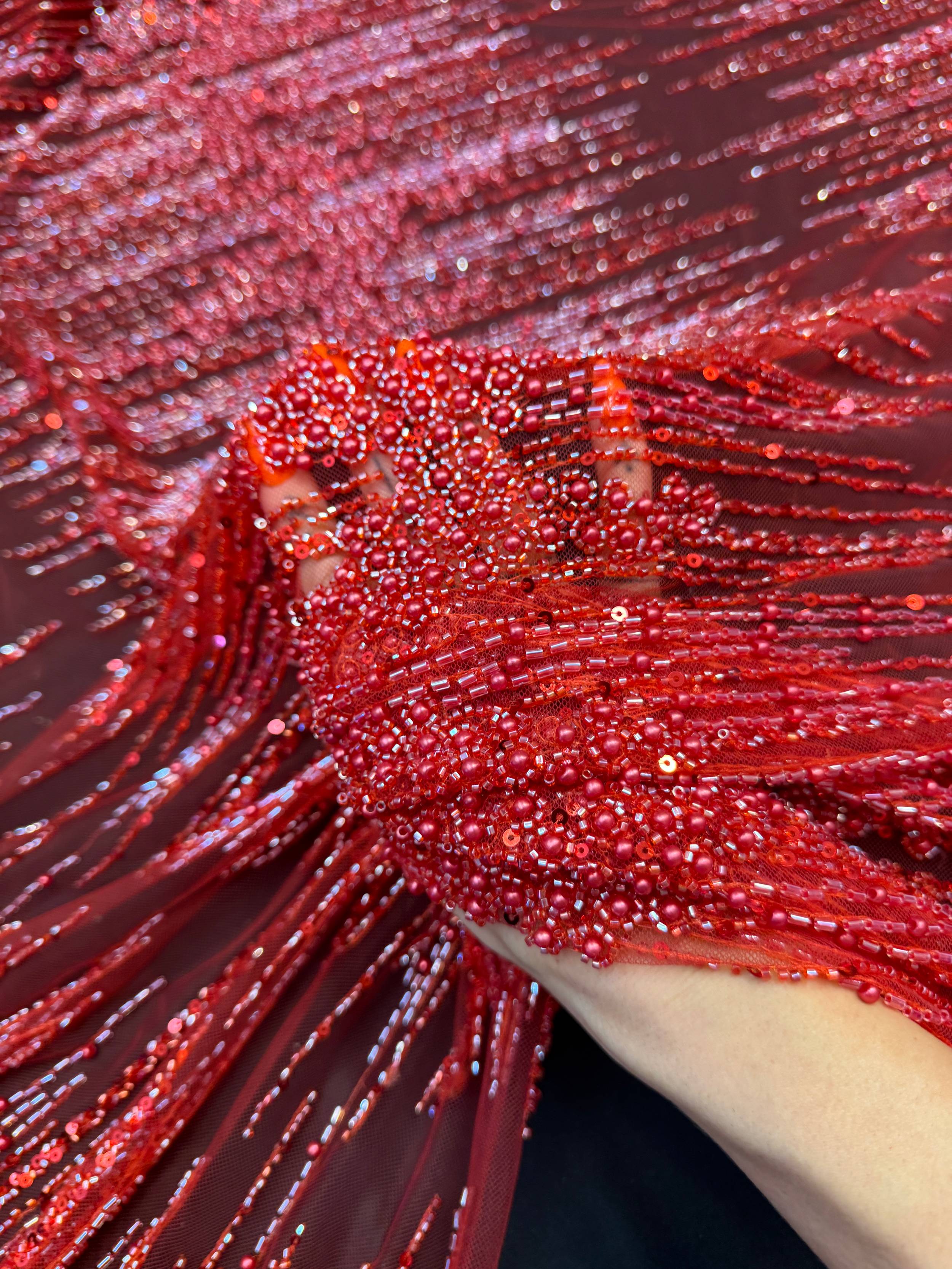 Red Crimson Cascade Crystal & Bugle Beaded Lace, Kiki Sewing Store, Kiki Luxury Fabric, Cheap Fabric Store, Kiki Textiles, Kiki Textile by the Yard, Kiki Textile USA