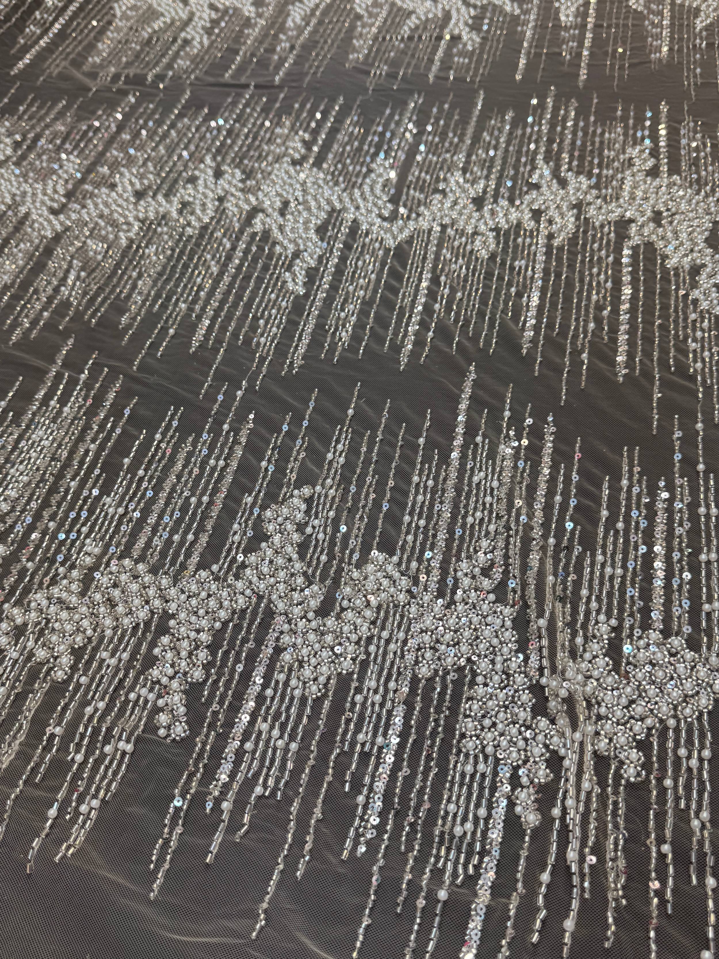 White Crimson Cascade Crystal & Bugle Beaded Lace, Crystal Beaded Lace, Bugle Bead Lace, Pearl Beaded Lace, Sequin Lace Fabric, Bridal Lace Fabric, Couture Lace Fabric