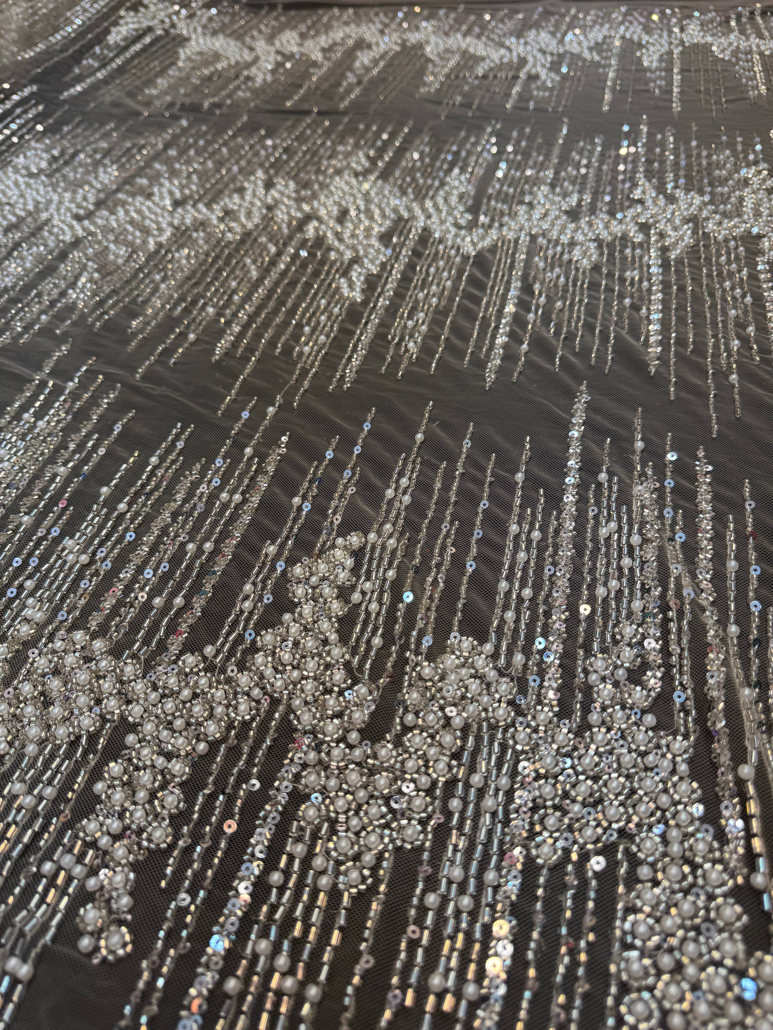 White Crimson Cascade Crystal & Bugle Beaded Lace, Crystal Beaded Lace, Bugle Bead Lace, Pearl Beaded Lace, Sequin Lace Fabric, Bridal Lace Fabric, Couture Lace Fabric