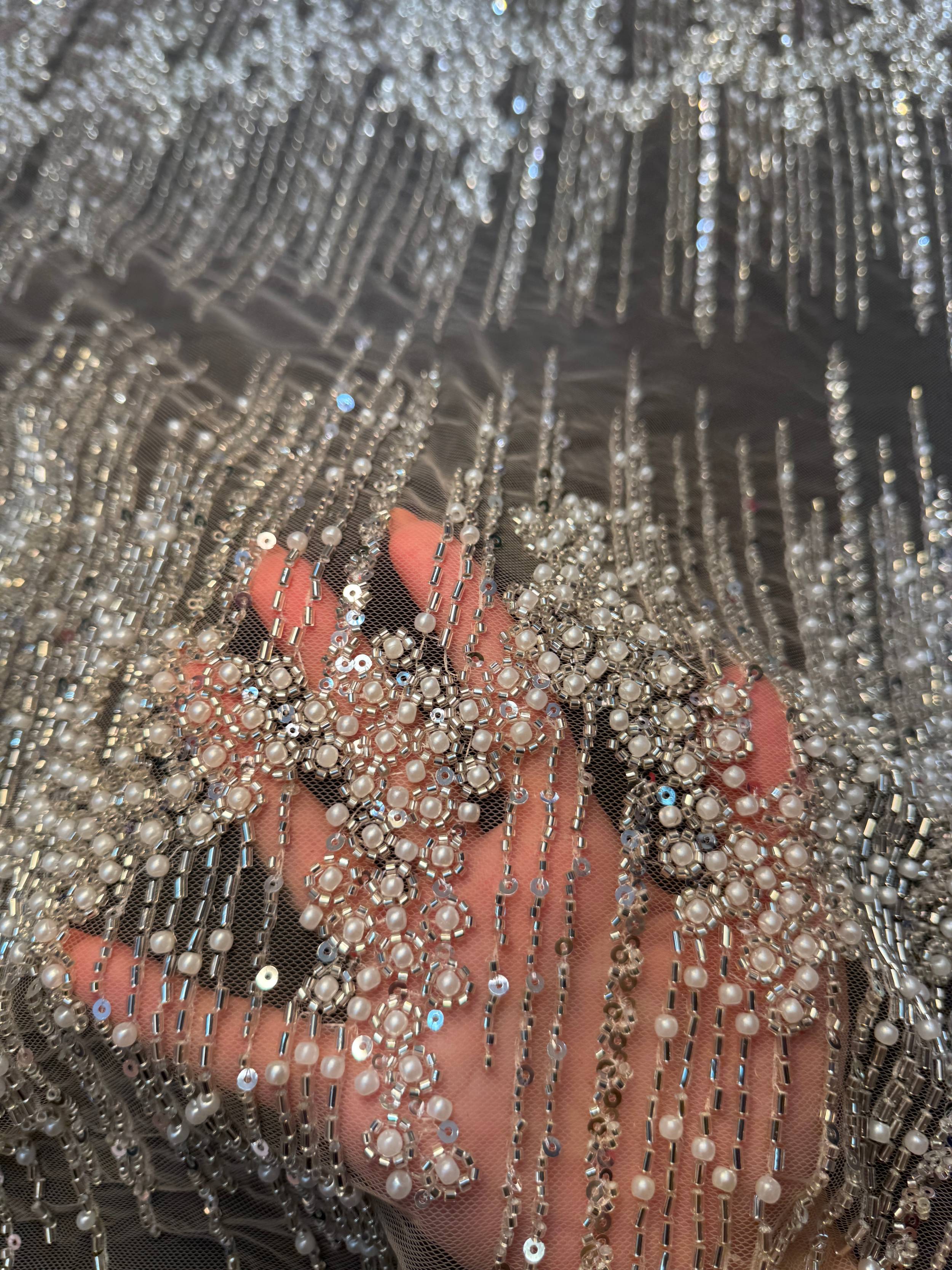 White Crimson Cascade Crystal & Bugle Beaded Lace, Kiki Sewing Store, Kiki Luxury Fabric, Cheap Fabric Store, Kiki Textiles, Kiki Textile by the Yard, Kiki Textile USA