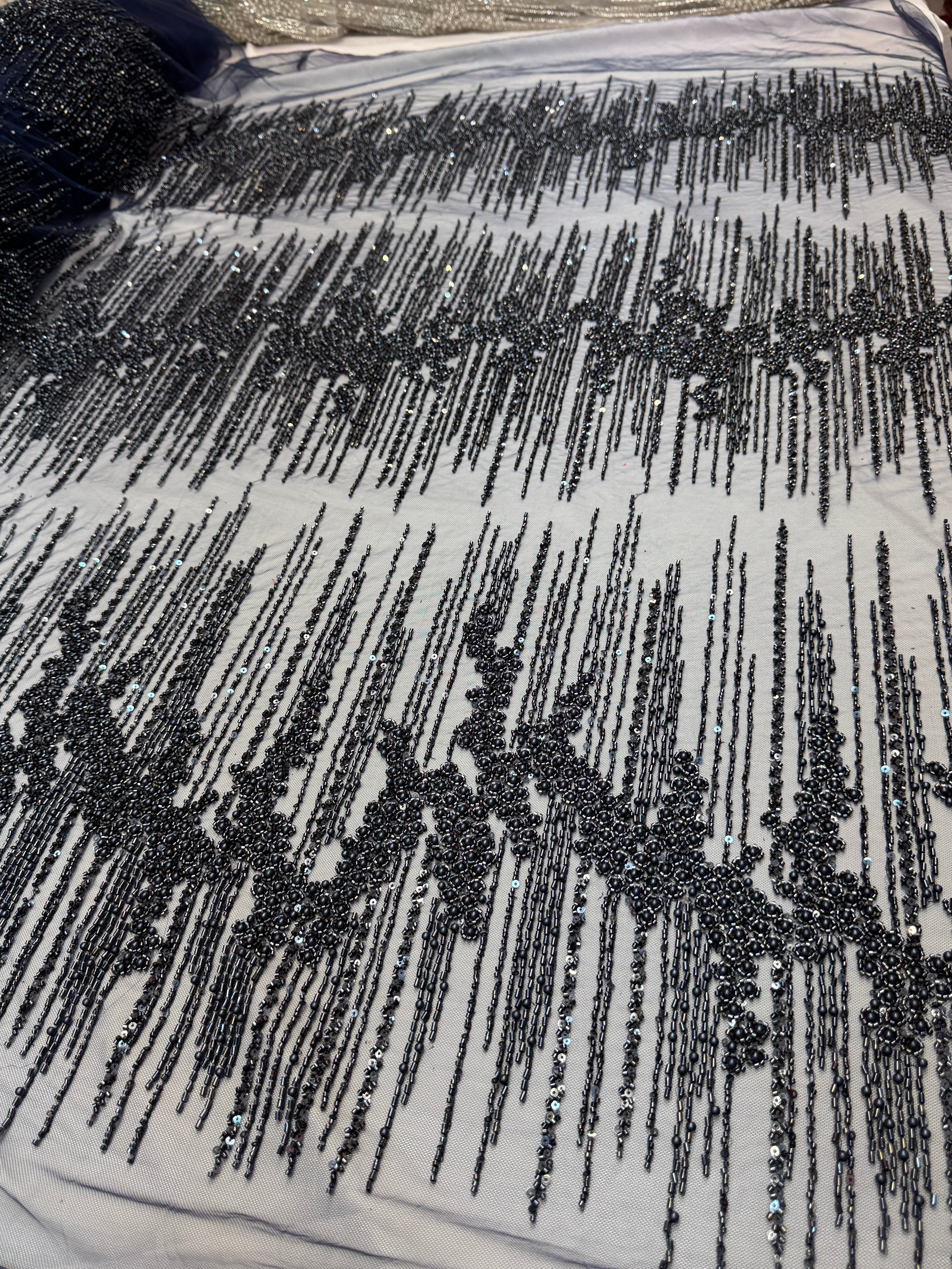 Black Crimson Cascade Crystal & Bugle Beaded Lace, Crystal Beaded Lace, Bugle Bead Lace, Pearl Beaded Lace, Sequin Lace Fabric, Bridal Lace Fabric, Couture Lace Fabric