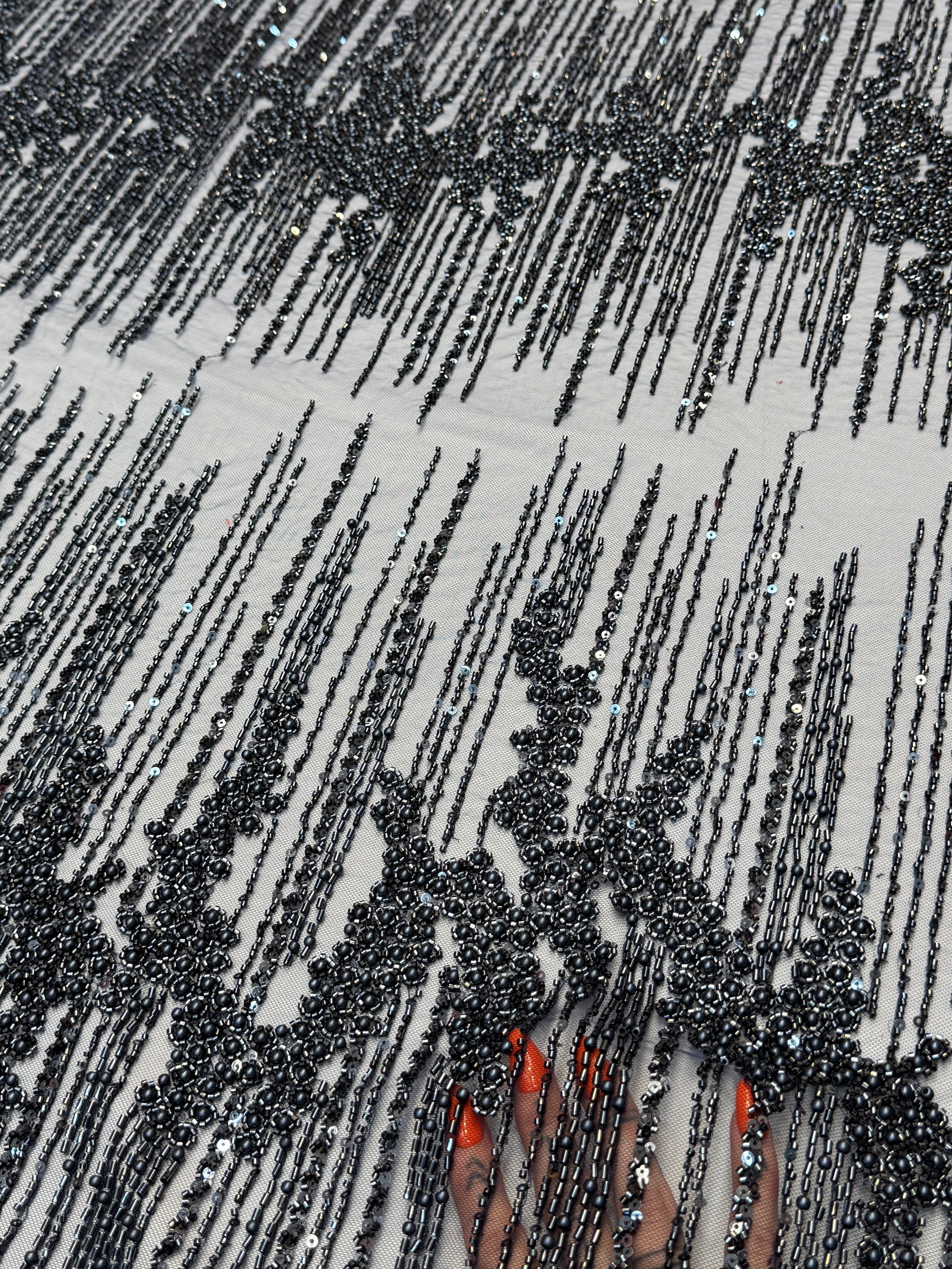 Black Crimson Cascade Crystal & Bugle Beaded Lace, Kiki Sewing Store, Kiki Luxury Fabric, Cheap Fabric Store, Kiki Textiles, Kiki Textile by the Yard, Kiki Textile USA