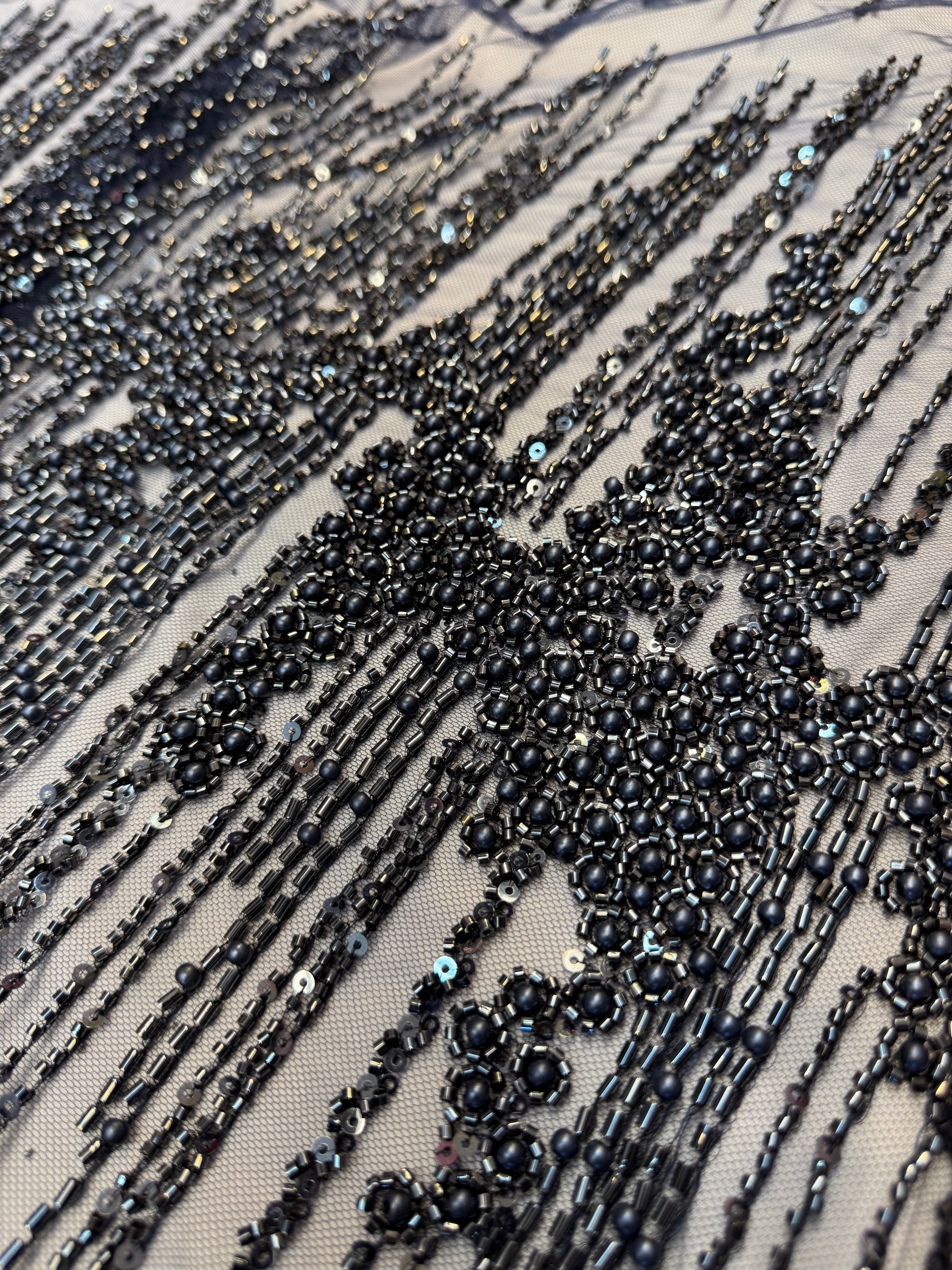 Black Crimson Cascade Crystal & Bugle Beaded Lace, Crystal Beaded Lace, Bugle Bead Lace, Pearl Beaded Lace, Sequin Lace Fabric, Bridal Lace Fabric, Couture Lace Fabric