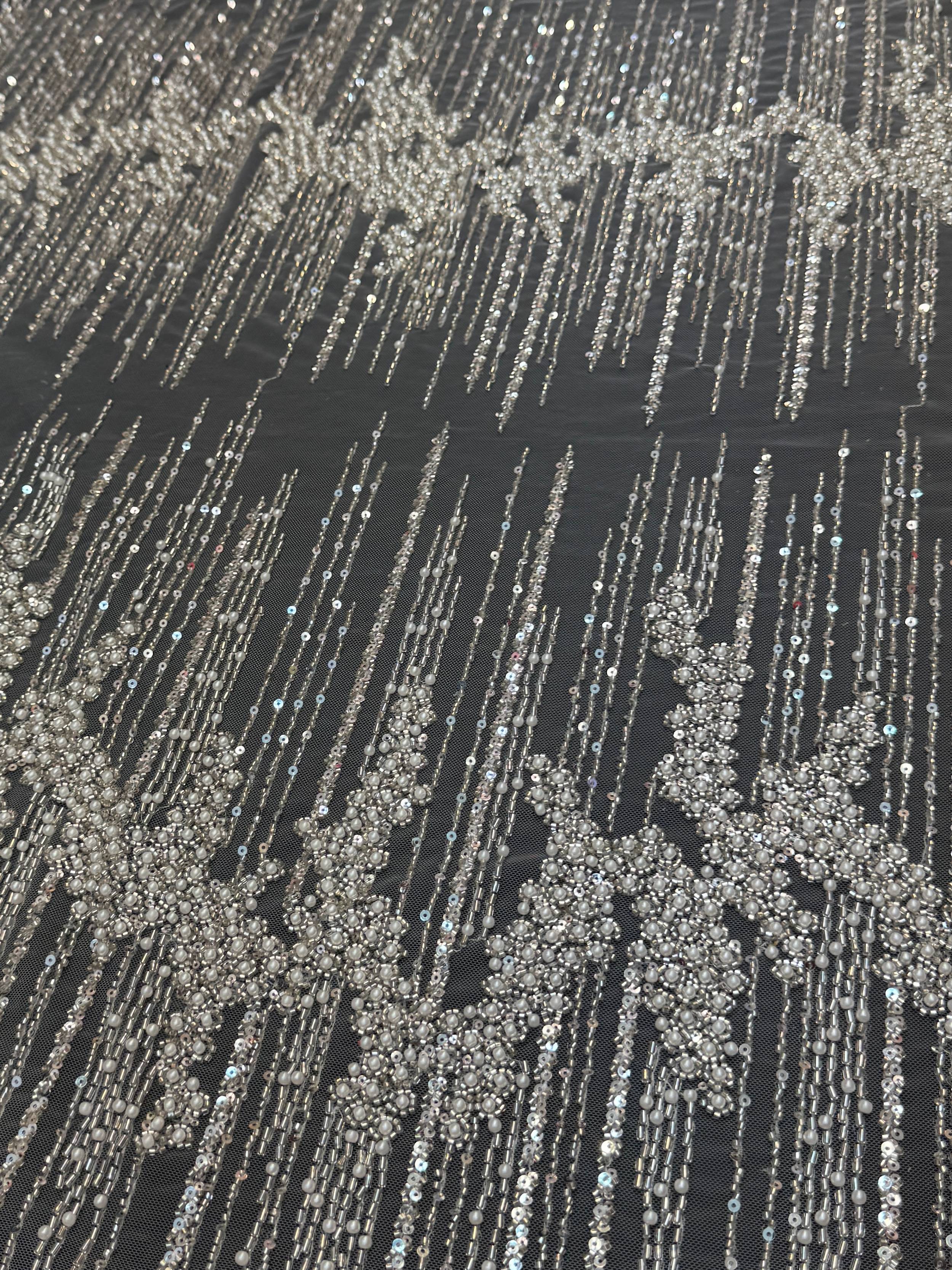 Off White Crimson Cascade Crystal & Bugle Beaded Lace, Crystal Beaded Lace, Bugle Bead Lace, Pearl Beaded Lace, Sequin Lace Fabric, Bridal Lace Fabric, Couture Lace Fabric