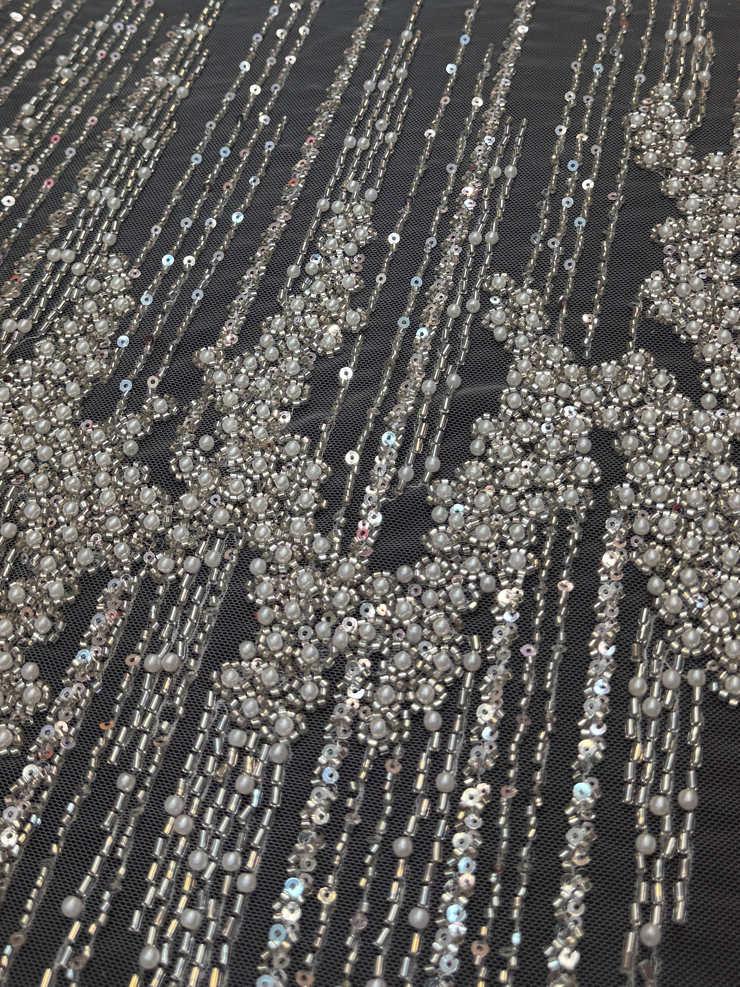Off White Crimson Cascade Crystal & Bugle Beaded Lace, Crystal Beaded Lace, Bugle Bead Lace, Pearl Beaded Lace, Sequin Lace Fabric, Bridal Lace Fabric, Couture Lace Fabric