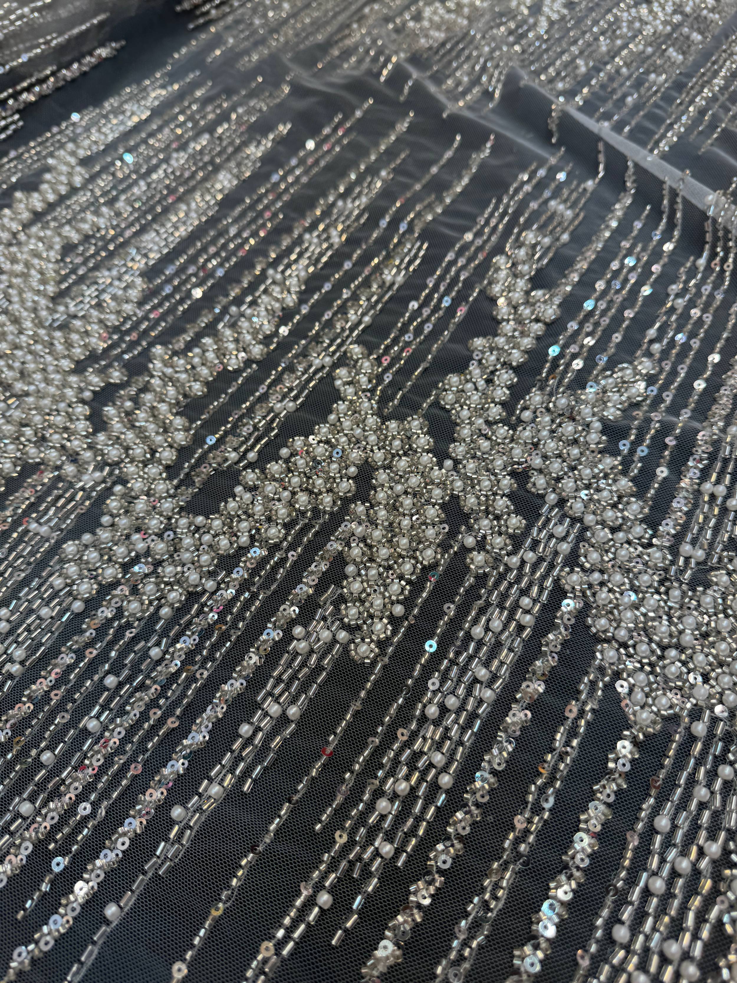 Off White Crimson Cascade Crystal & Bugle Beaded Lace, Crystal Beaded Lace, Bugle Bead Lace, Pearl Beaded Lace, Sequin Lace Fabric, Bridal Lace Fabric, Couture Lace Fabric