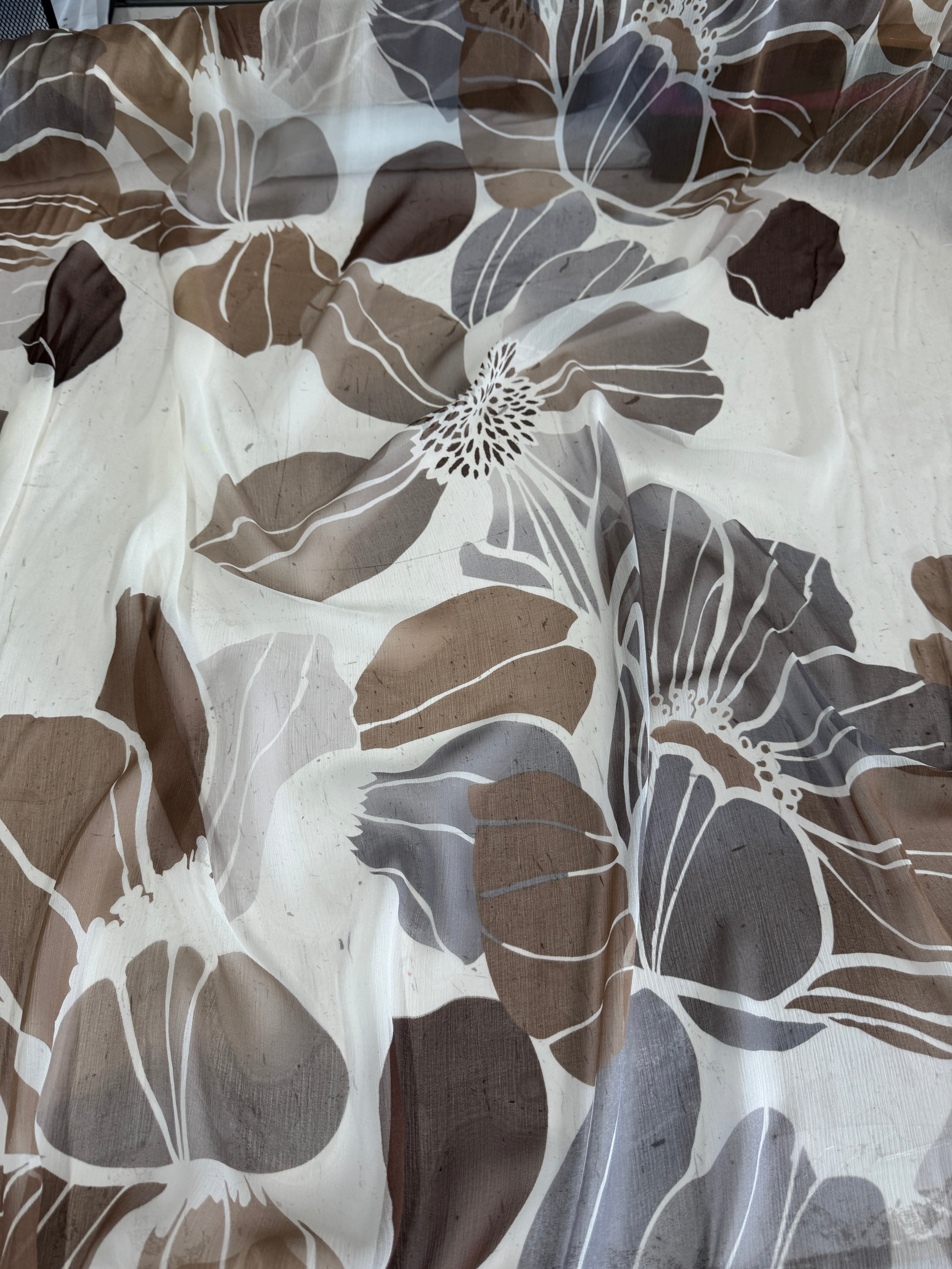 Mocha Botanical Italian Crinkle Silk Chiffon, Crinkle Silk Chiffon, Silk Chiffon Fabric, Textured Silk Chiffon, Pure Silk Chiffon, Sheer Silk Fabric, Lightweight Silk Fabric